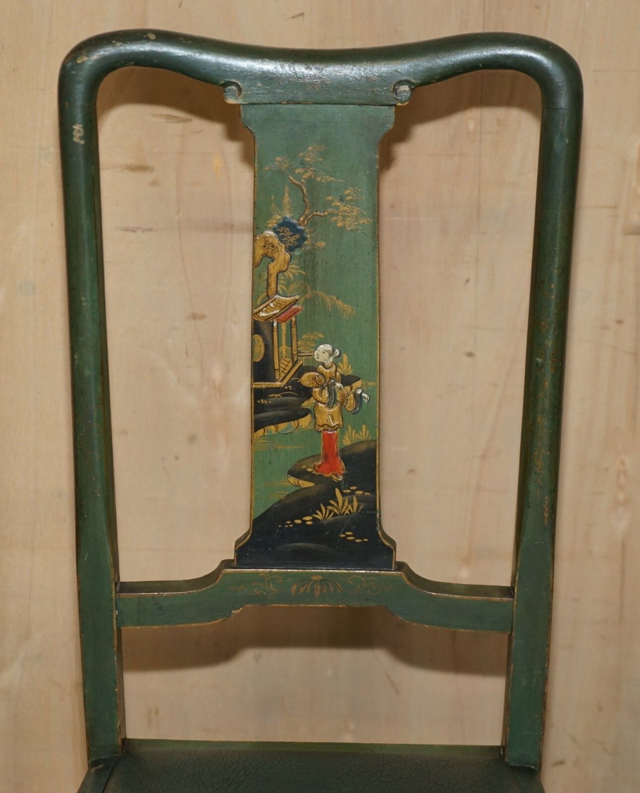 Pair Of Antique Painted Finish Chinese Export Chinoiserie Green Side Chairs photo 1350.0