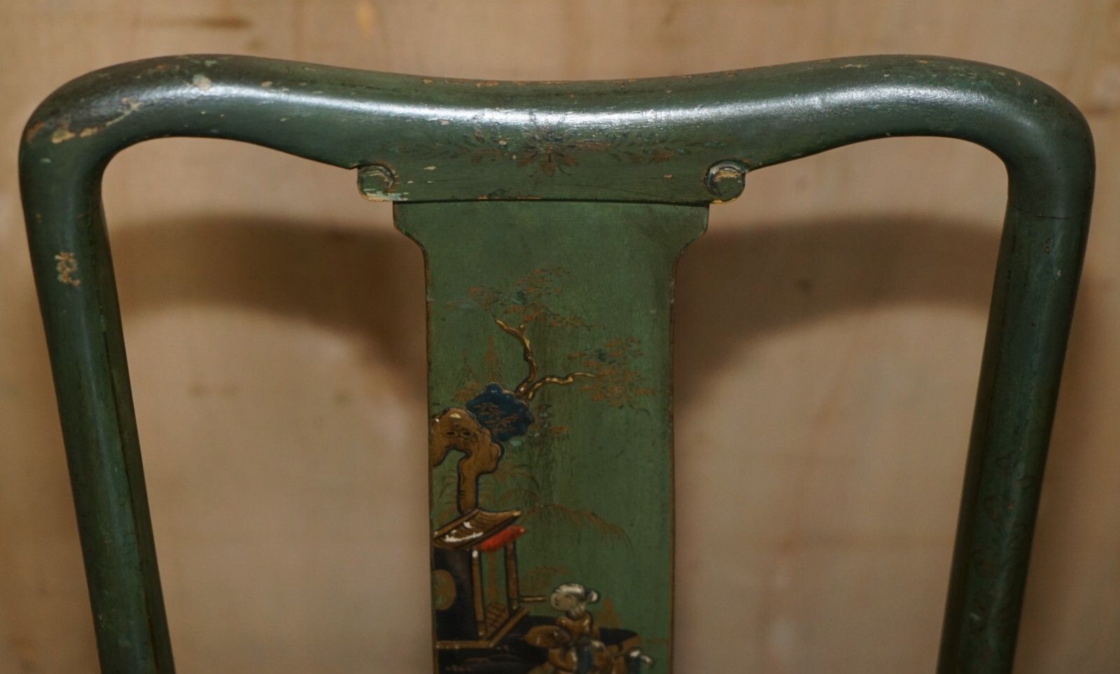 Pair Of Antique Painted Finish Chinese Export Chinoiserie Green Side Chairs photo buy