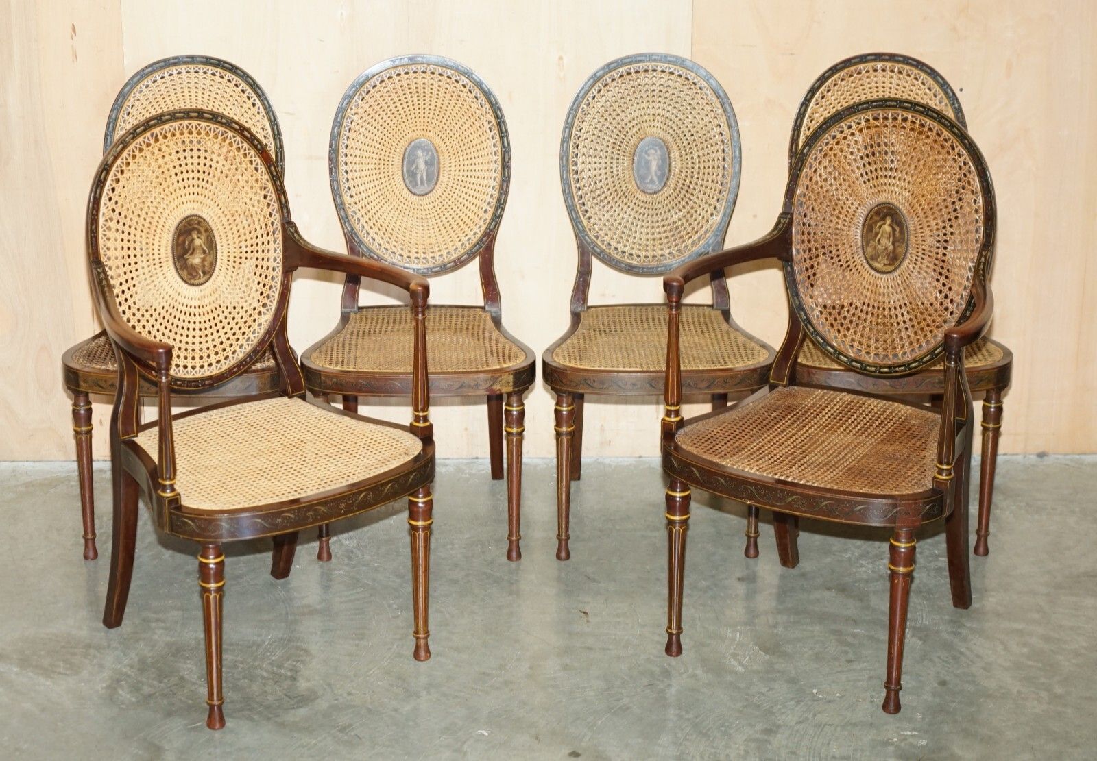 Six Antique George Hepplewhite Bergere Sheraton Revival Painted Dining Chairs photo furniture
