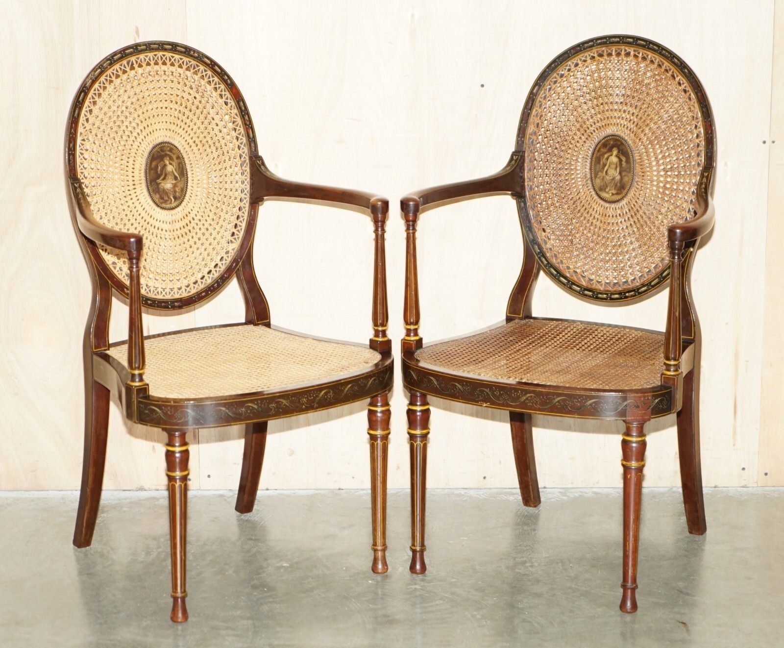 Six Antique George Hepplewhite Bergere Sheraton Revival Painted Dining Chairs photo for sale