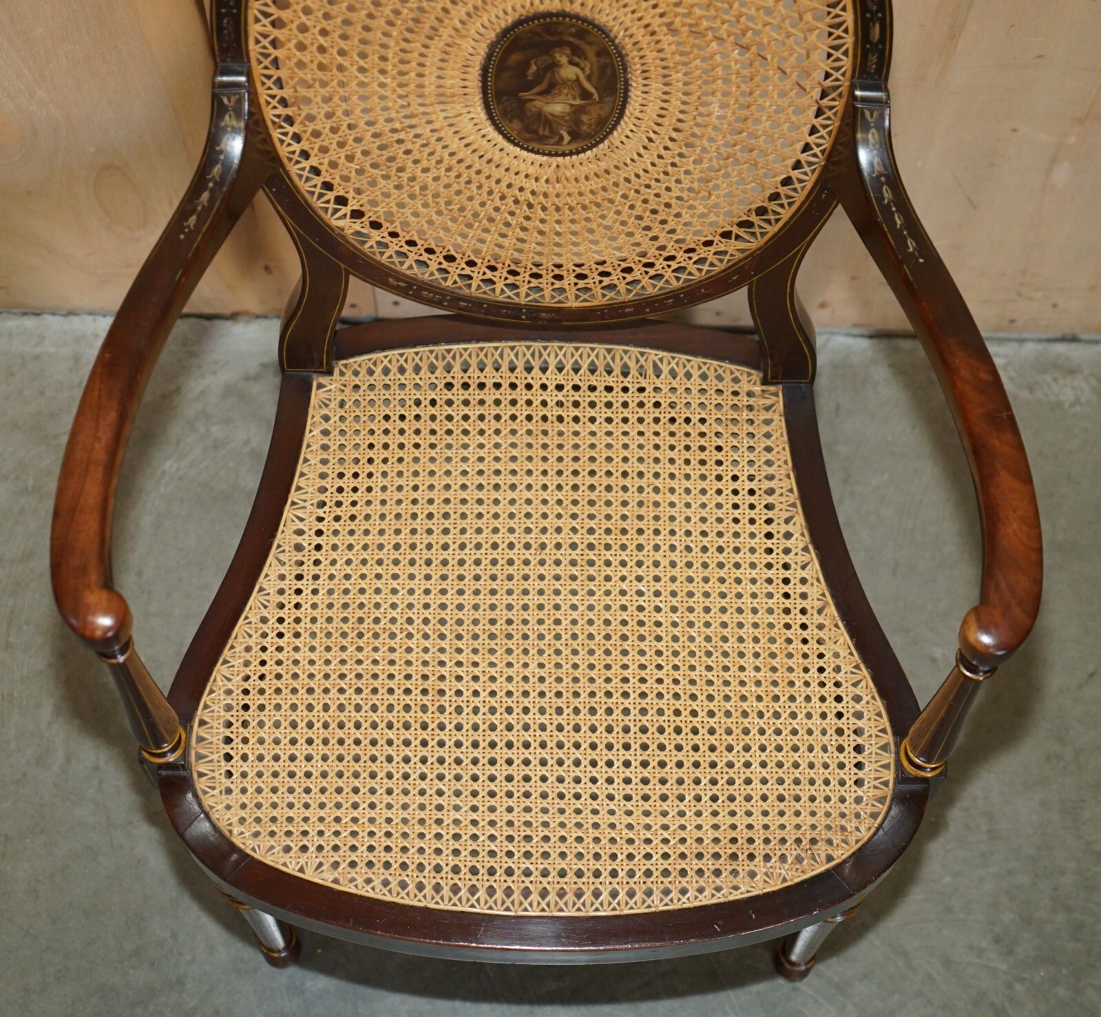 photo furniture Six Antique George Hepplewhite Bergere Sheraton Revival Painted Dining Chairs