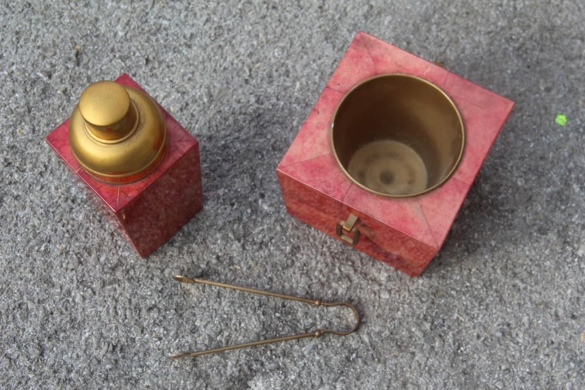 Set Aldo Tura Box Pitcher Red Color Brass And Goatskin Mid Century Modern 1950s photo vinterior
