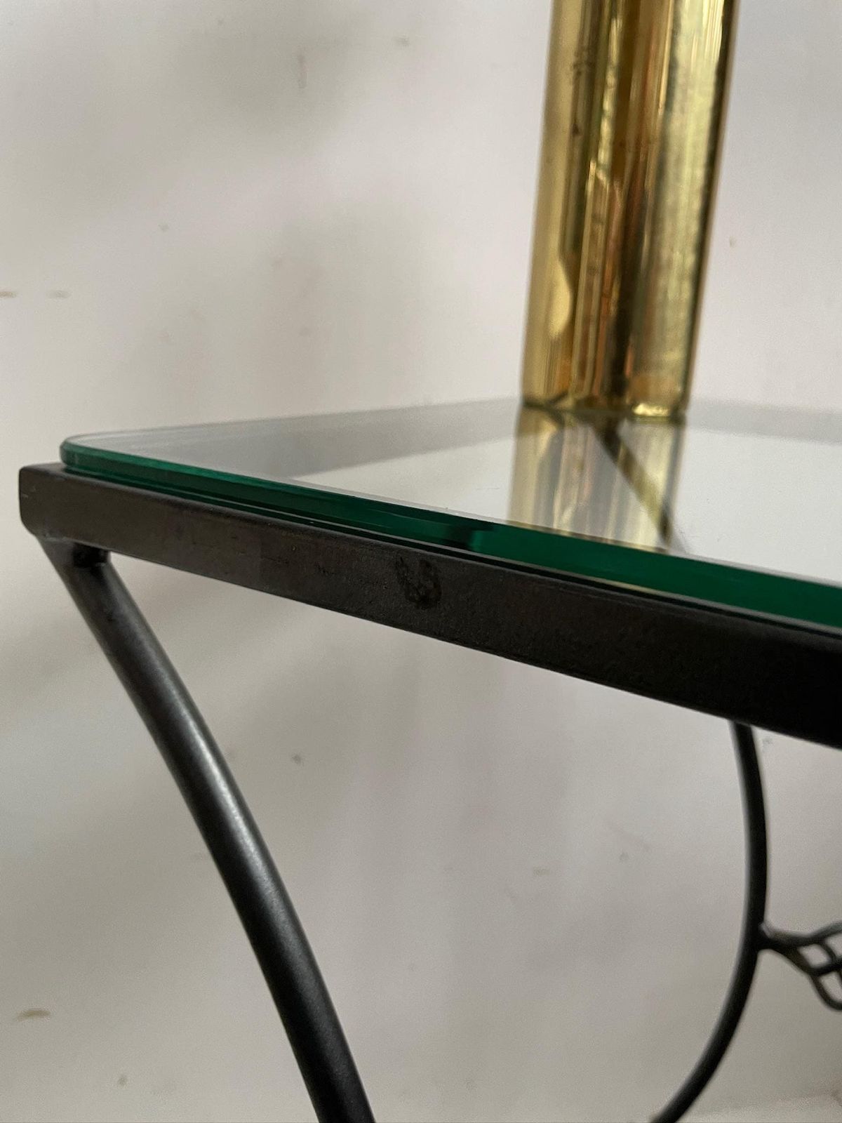 photo for sale Industrial Wrought Iron Tall Side Table With Glass Top And Curved Legs