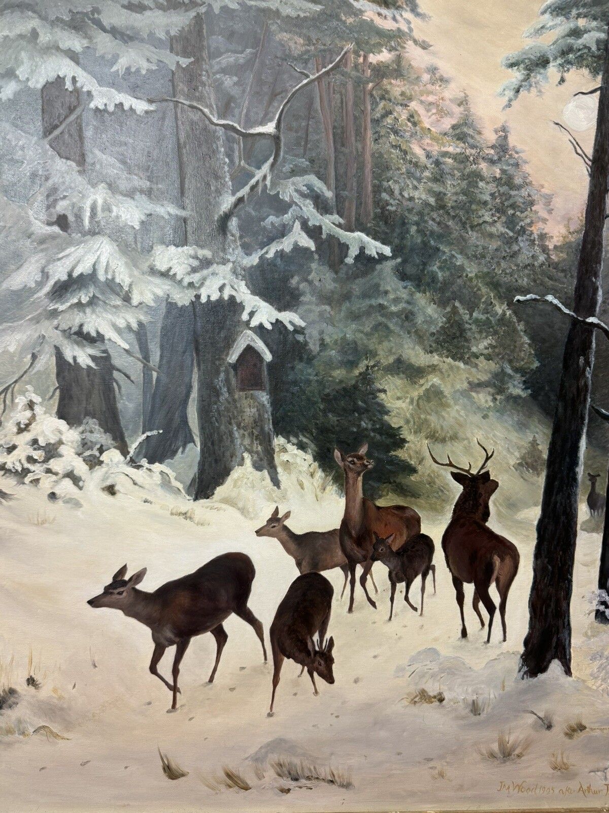 photo for sale Mid 20th Century 'The Spooking Of The Doe' Winter Scene By Artist J M Wood