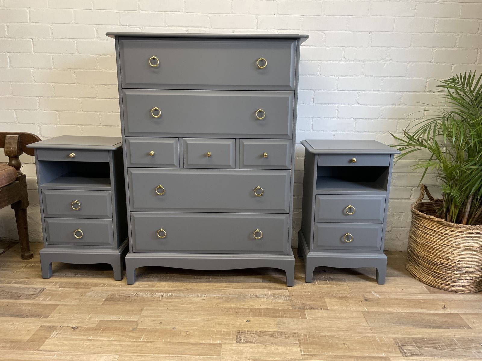 Stag Minstrel Tallboy And Pair Of Narrow Bedsides Painted Grey