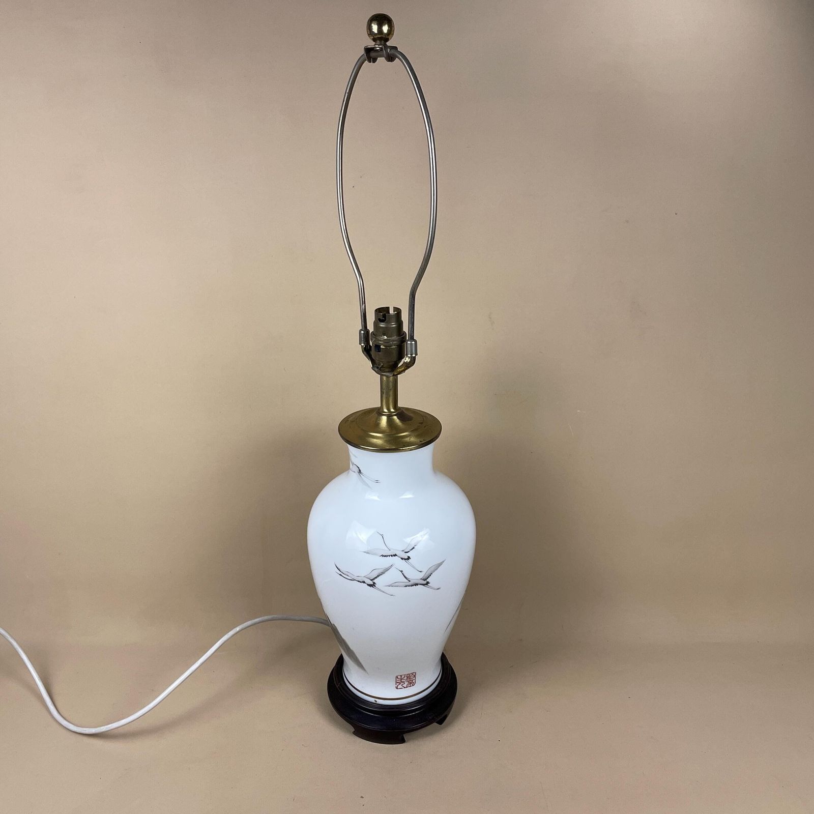 Vintage Ceramic Lamp Light Bedside Table Hand Painted Bird Design White Wood Base Oriental Chinese Vase Cottage Antique Brass Symbols Birds