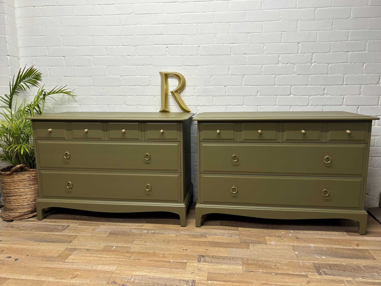 Stag Minstrel Pair Of 4 Over 2 Chest Of Drawers Painted Sage Green photo furniture