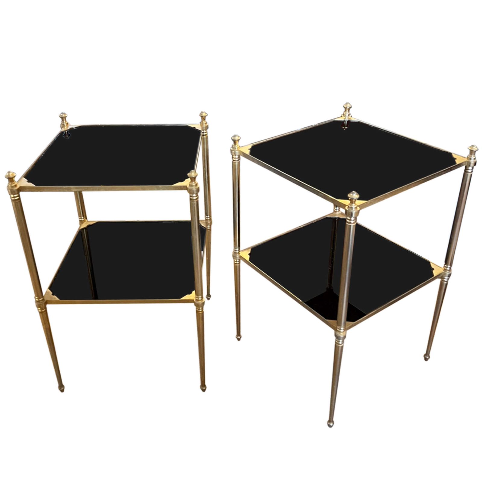 Pair Of French Midcentury Side Tables With Black Glass