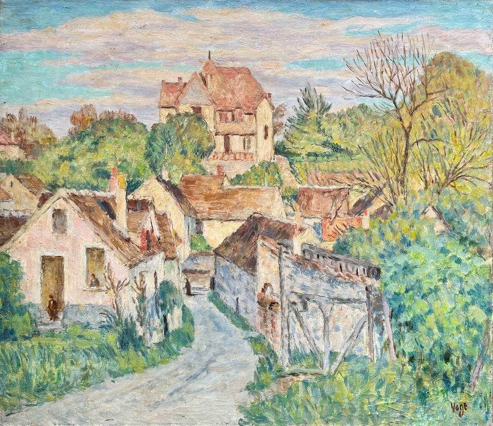 1930 Lucien Vogt A Village Under The Sun Oil On Canvas photo for sale