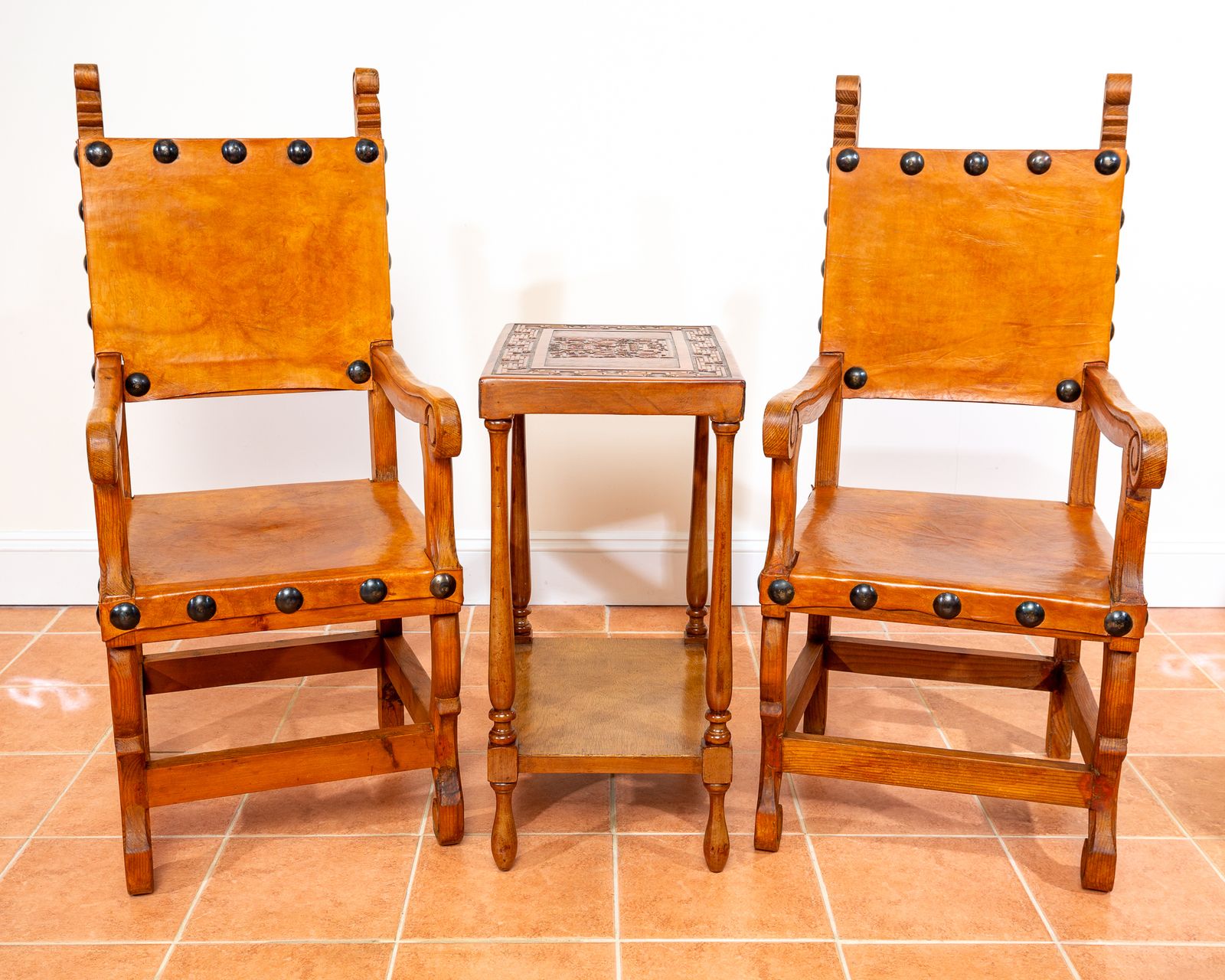 Pair Of Large Tan Leather Throne Chairs Spanish Colonial Baroque Style Mexican Studded Vintage Pine Hall Marriage Wedding Carver Dining Armchairs photo 1750.0