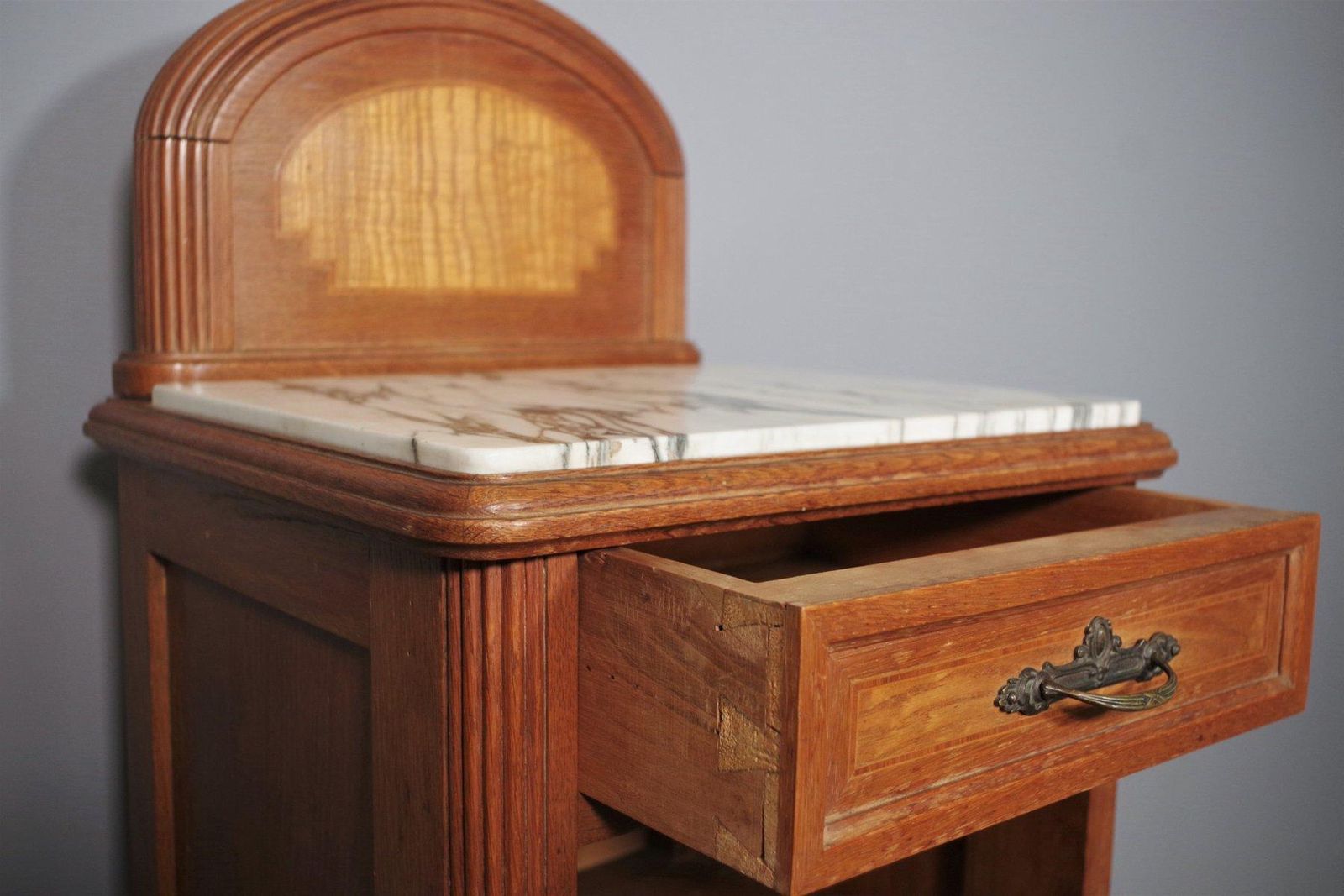 photo furniture Vintage 1940s 50s Cherry & Beech Wood Nightstand With Marble Top – Italian Mid C