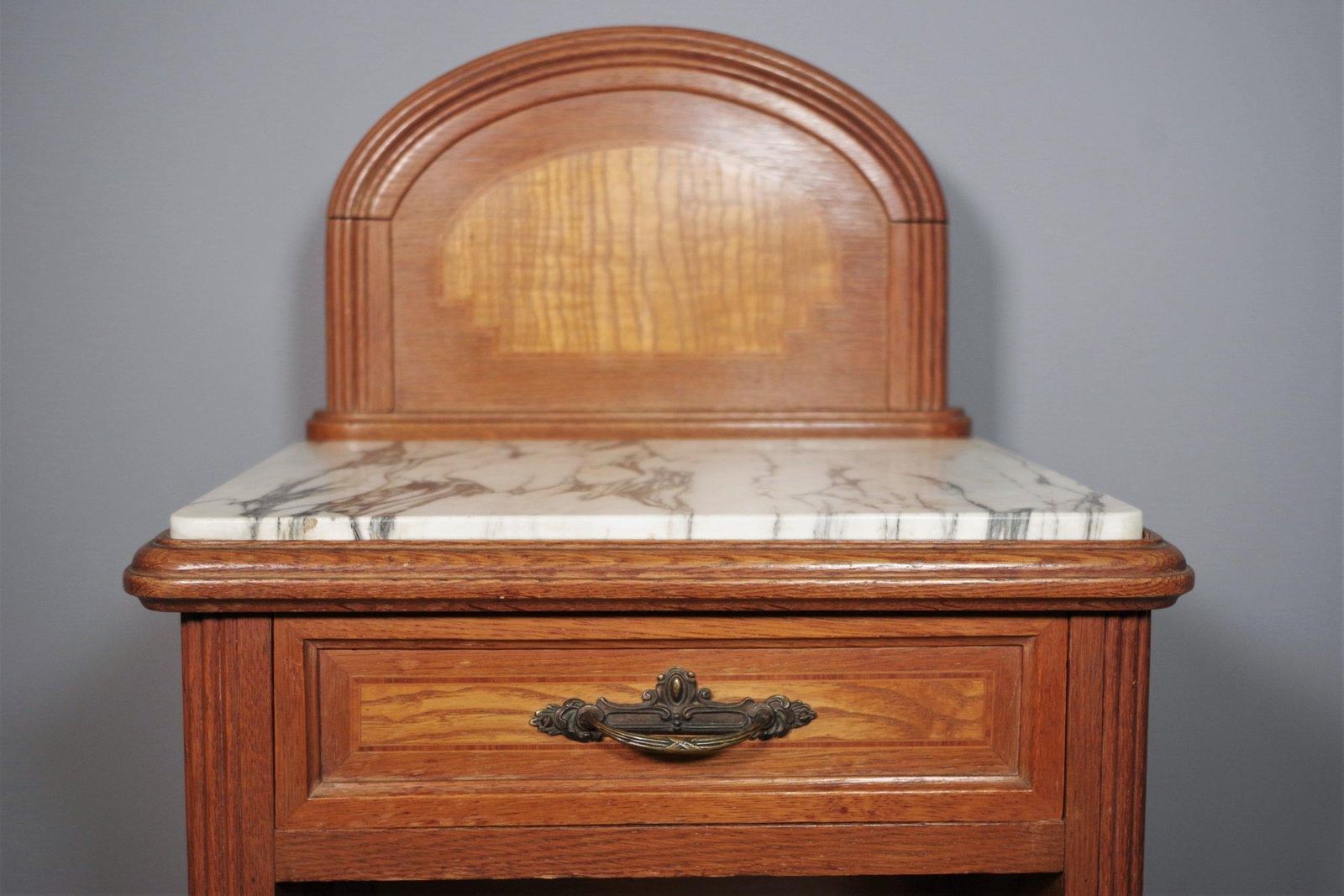 photo for sale Vintage 1940s 50s Cherry & Beech Wood Nightstand With Marble Top – Italian Mid C