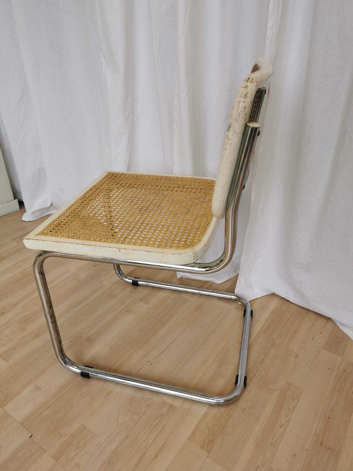 Vintage White Cesca Chair With Cane Seat And Backrest / 1970s Marcel Breuer Tubular Chrome Base / Mid Century Dine Office Chair With Patina photo buy