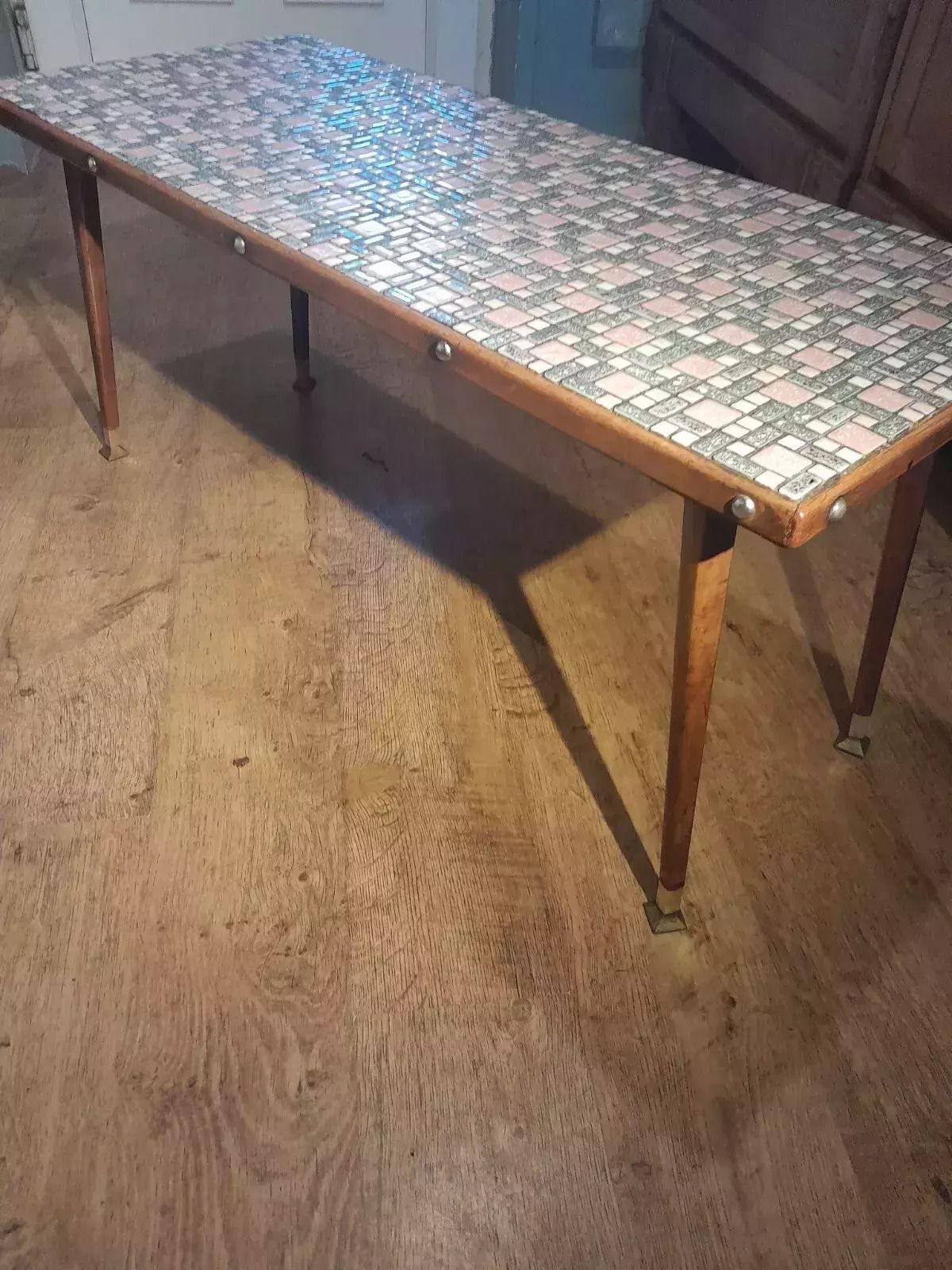Mid Century Modern 1950s Teak Coffee Table With Tile Top And Brass Feet photo Furniture
