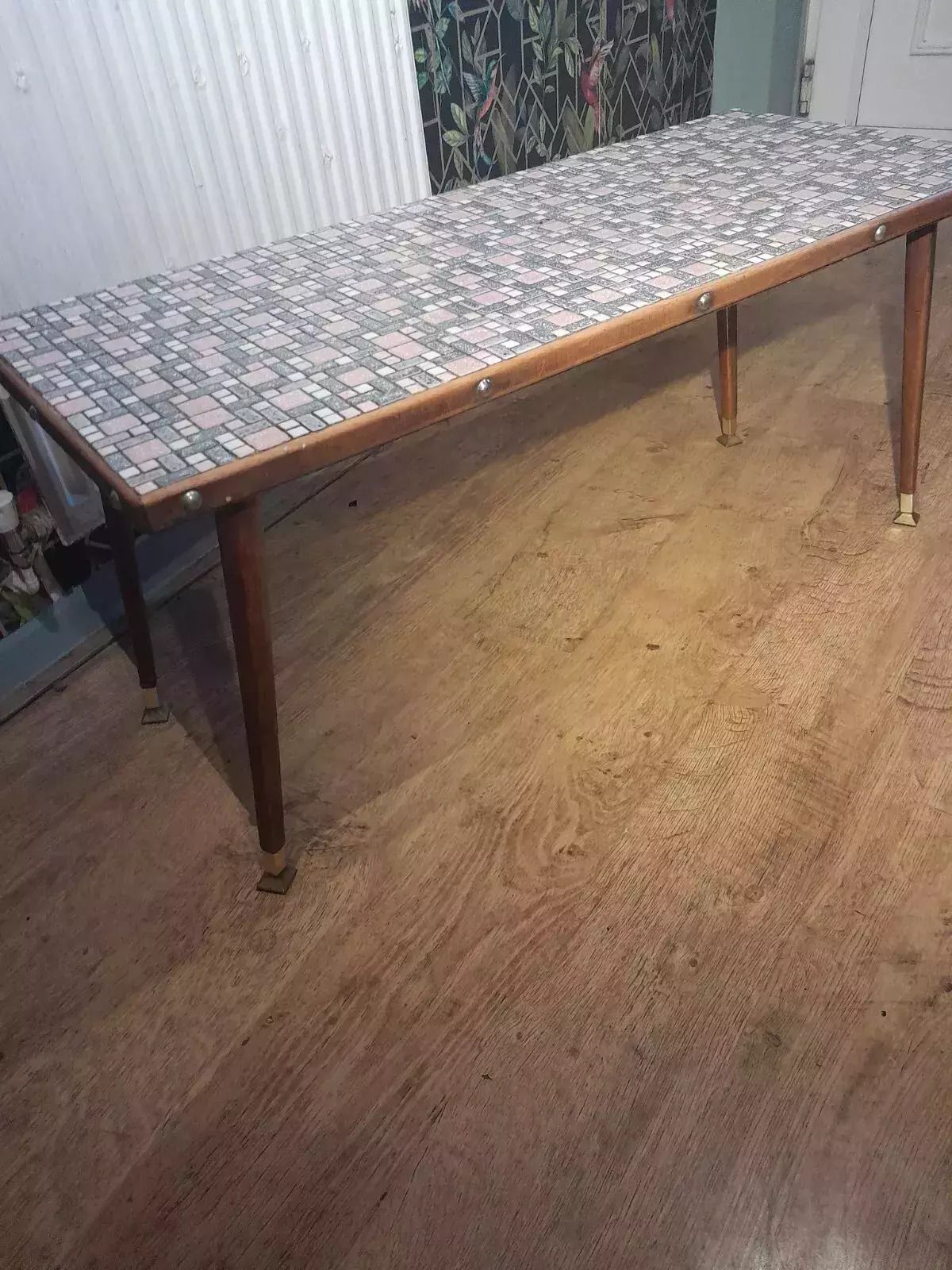 Mid Century Modern 1950s Teak Coffee Table With Tile Top And Brass Feet photo vintage