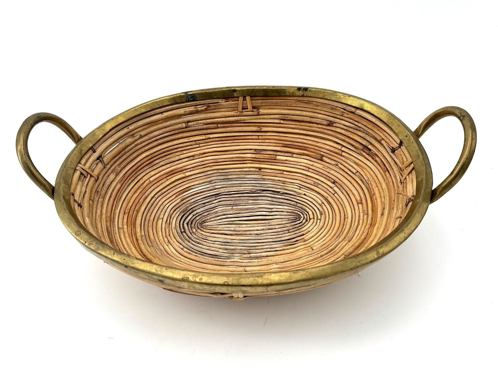 An Italian 1970s Gabriella Crespi Style Woven Bamboo And Brass Two Handled Basket photo vinterior