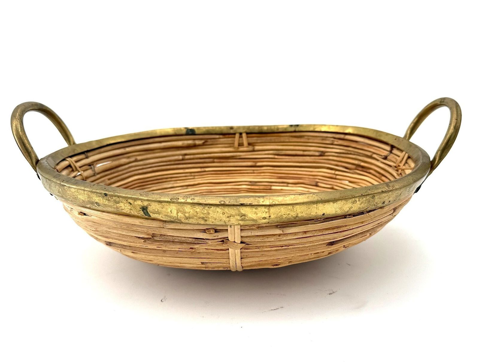 An Italian 1970s Gabriella Crespi Style Woven Bamboo And Brass Two Handled Basket photo vintage