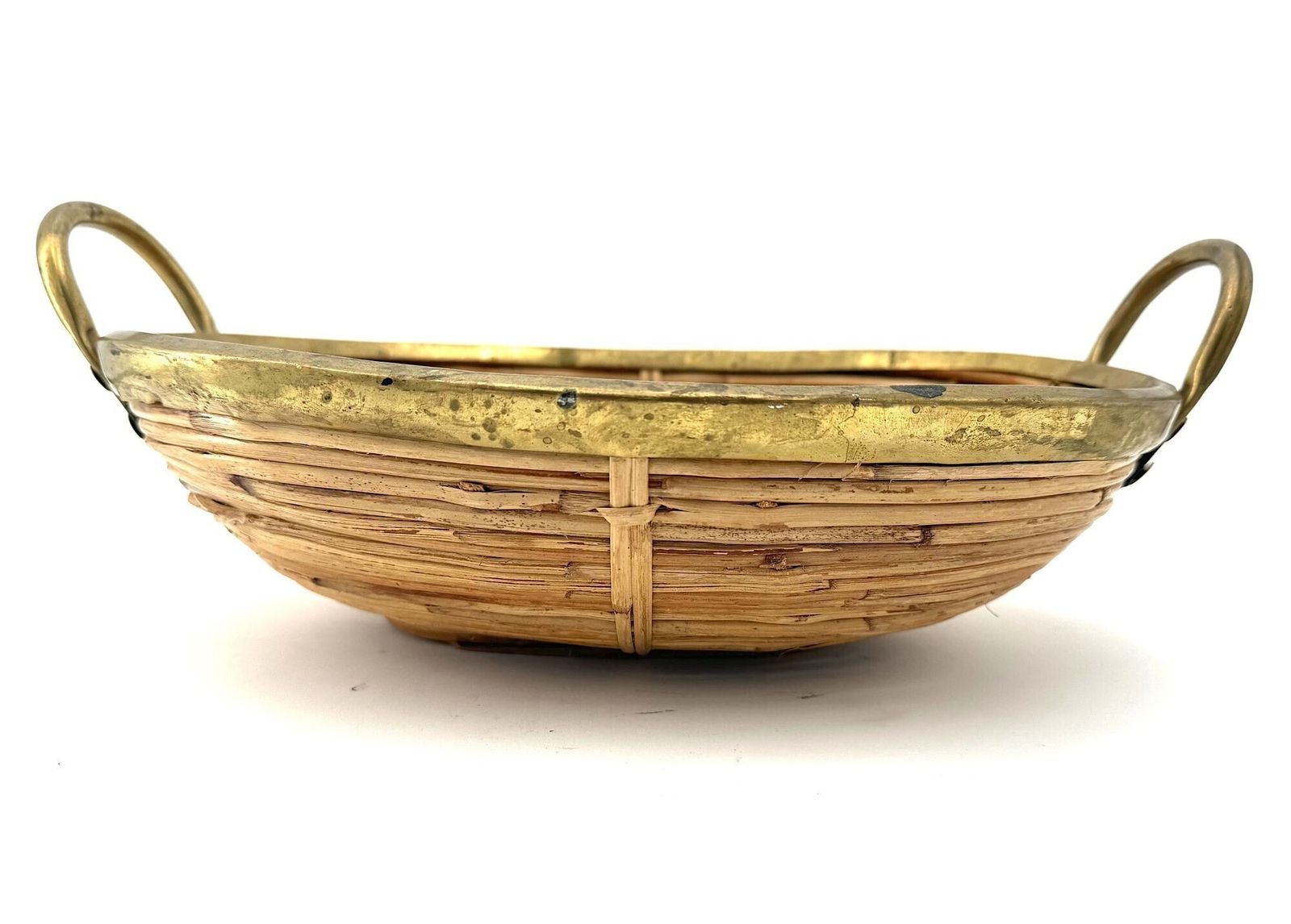 395.0 An Italian 1970s Gabriella Crespi Style Woven Bamboo And Brass Two Handled Basket photo