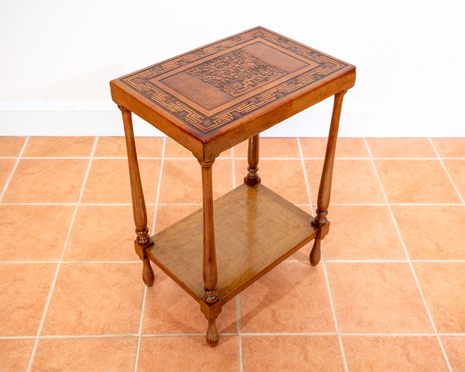 Embossed Leather End Side Table Peruvian 1960s Mid Century Geometric Tooled Leather Viracocha Peru Leather Mexican Aztec Mcm
