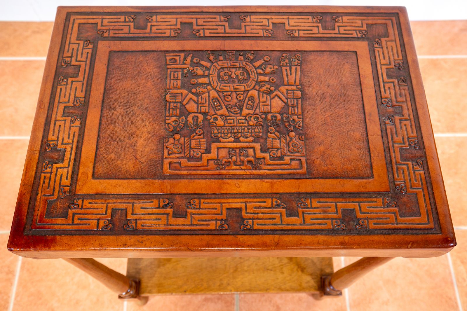photo for sale Embossed Leather End Side Table Peruvian 1960s Mid Century Geometric Tooled Leather Viracocha Peru Leather Mexican Aztec Mcm