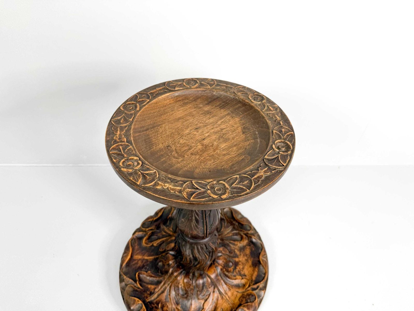 Antique Wooden Plant Stand With Carved Decor, Wooden Pedestal photo vinterior