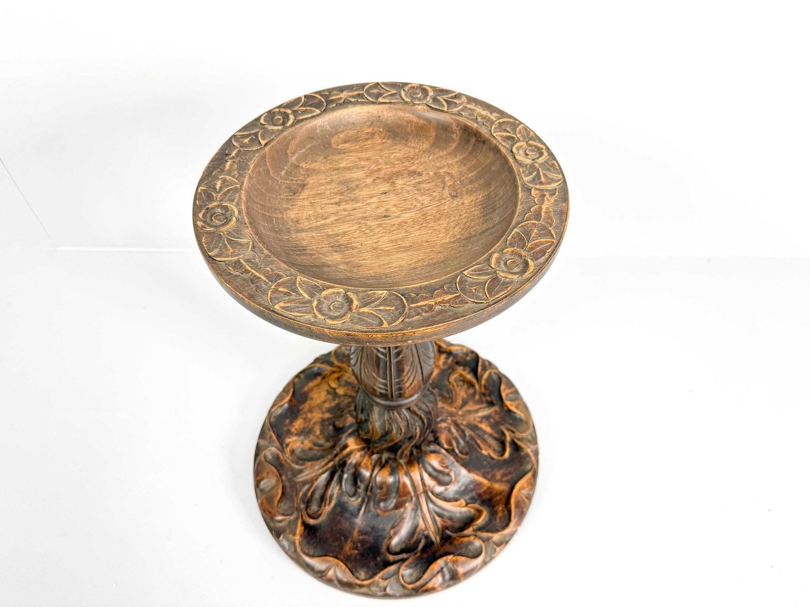 photo for sale Antique Wooden Plant Stand With Carved Decor, Wooden Pedestal