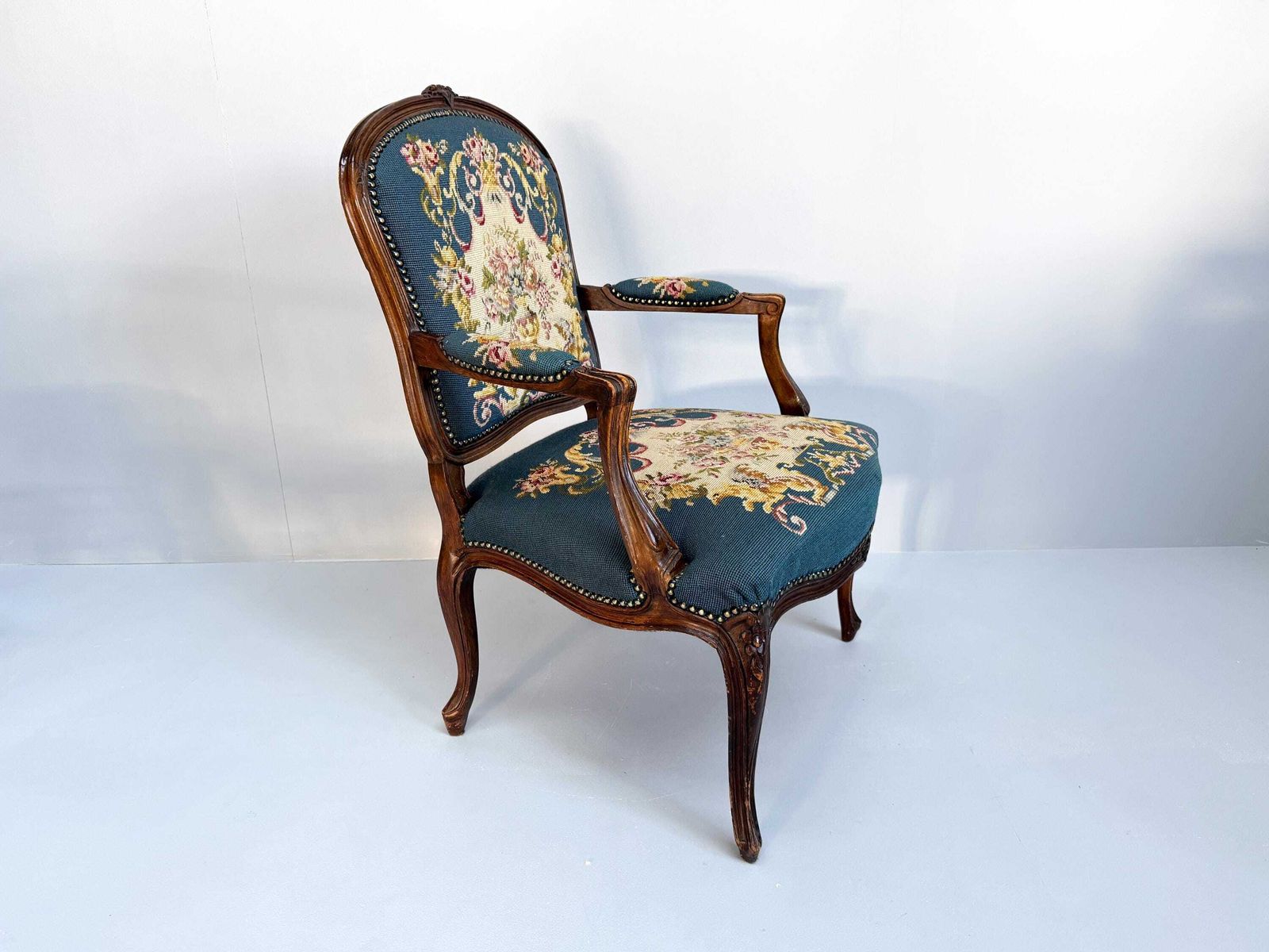 Vintage Louis XV Style Carved Walnut Chair With Needlepoint Upholstery