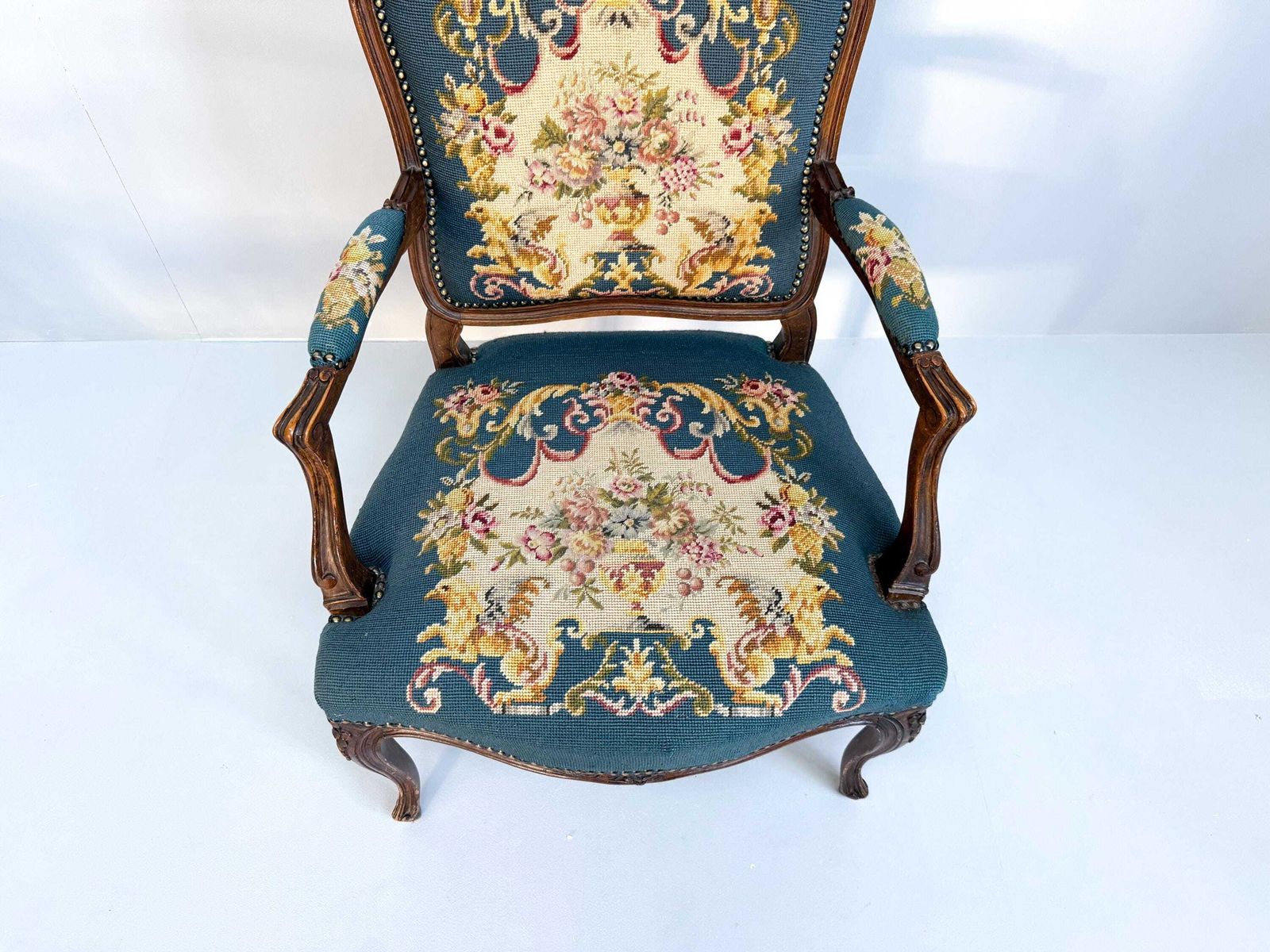 Vintage Louis XV Style Carved Walnut Chair With Needlepoint Upholstery photo vinterior