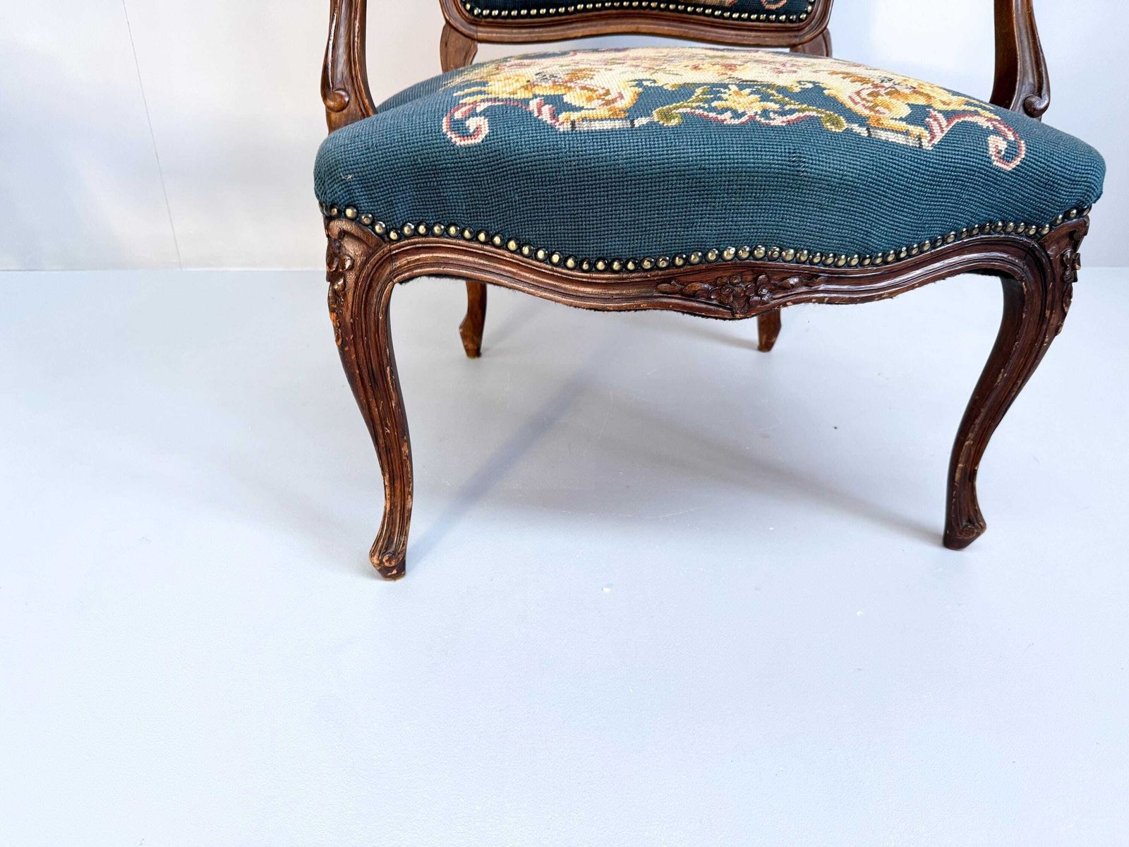 photo furniture Vintage Louis XV Style Carved Walnut Chair With Needlepoint Upholstery