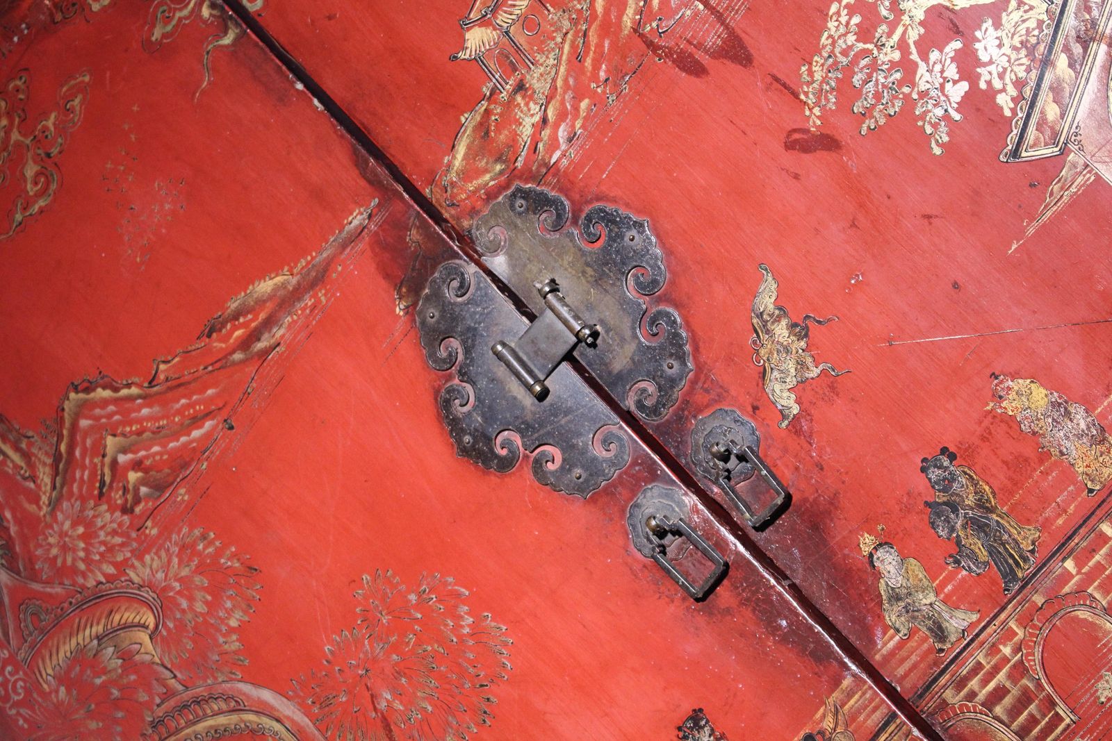 19th C English Country House Scarlet Red Chinoiserie Lacquered Cabinet Armoire photo furniture