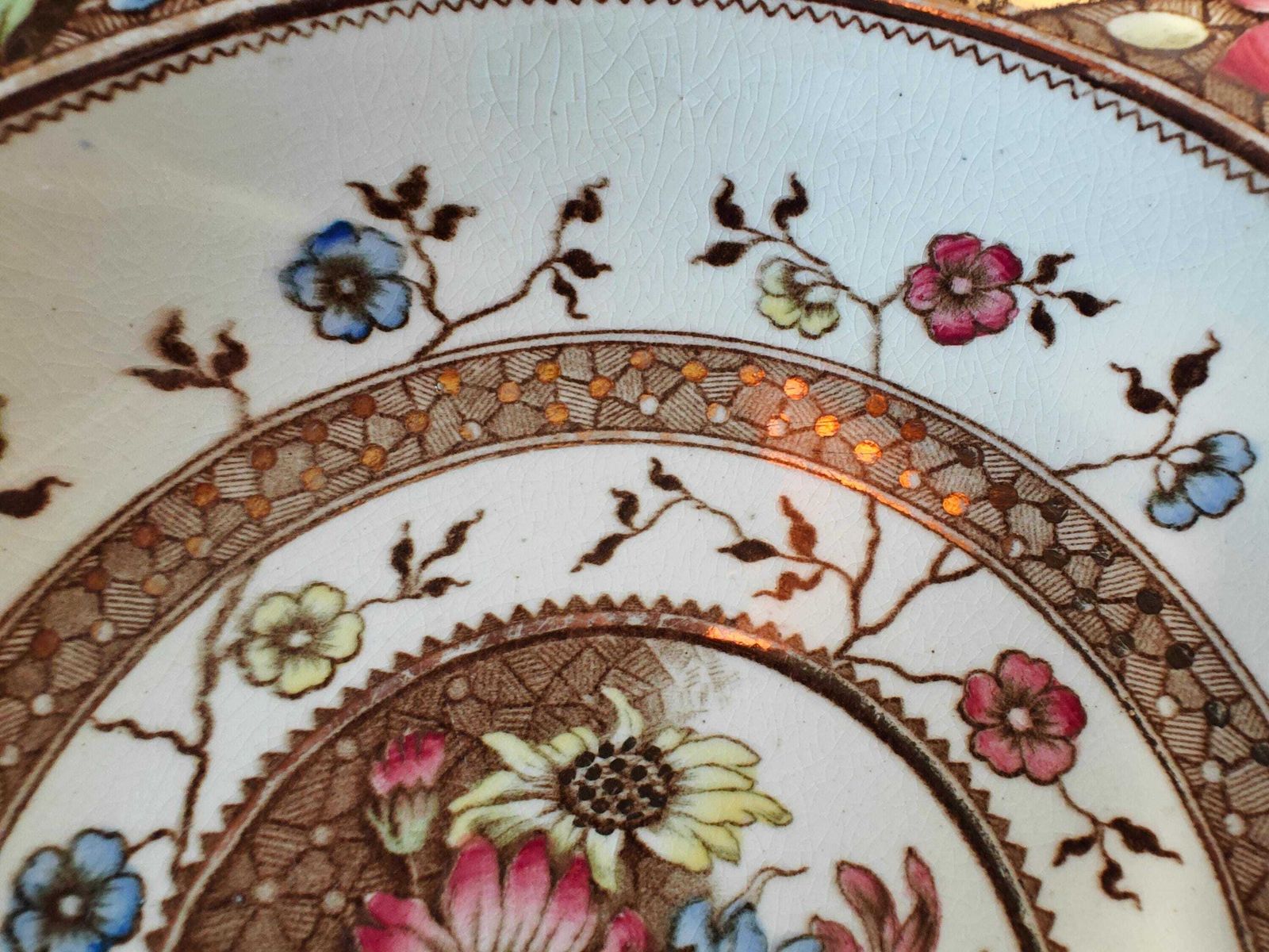 Victorian Rainbow Sunflower Palmyra Pattern Soup Bowls   19th Century Floral Gilt Plates   Sampson Hancock photo vinterior