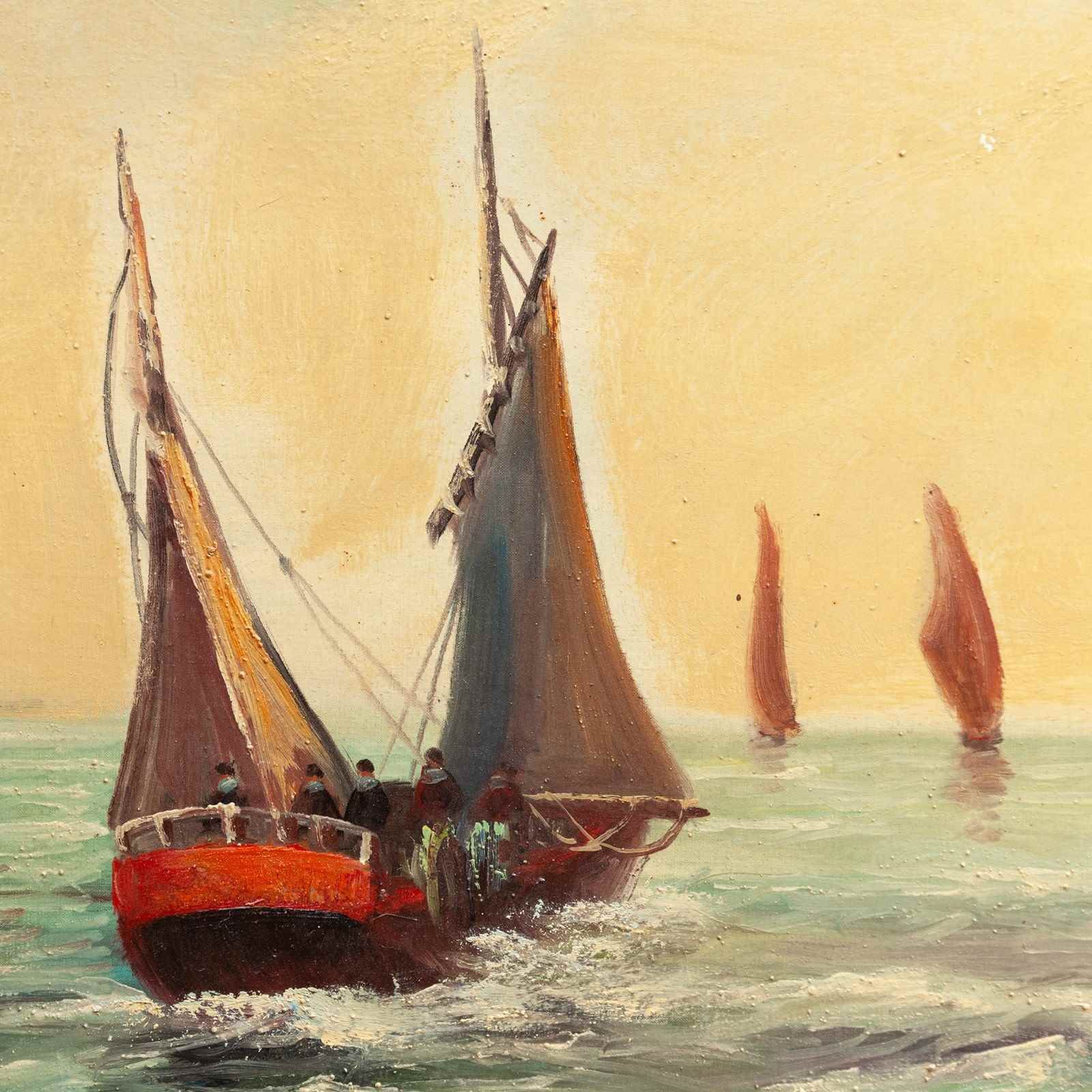 Signed Panoramic Oil Painting Of Sailng Ships Off The Brittany Coast photo furniture