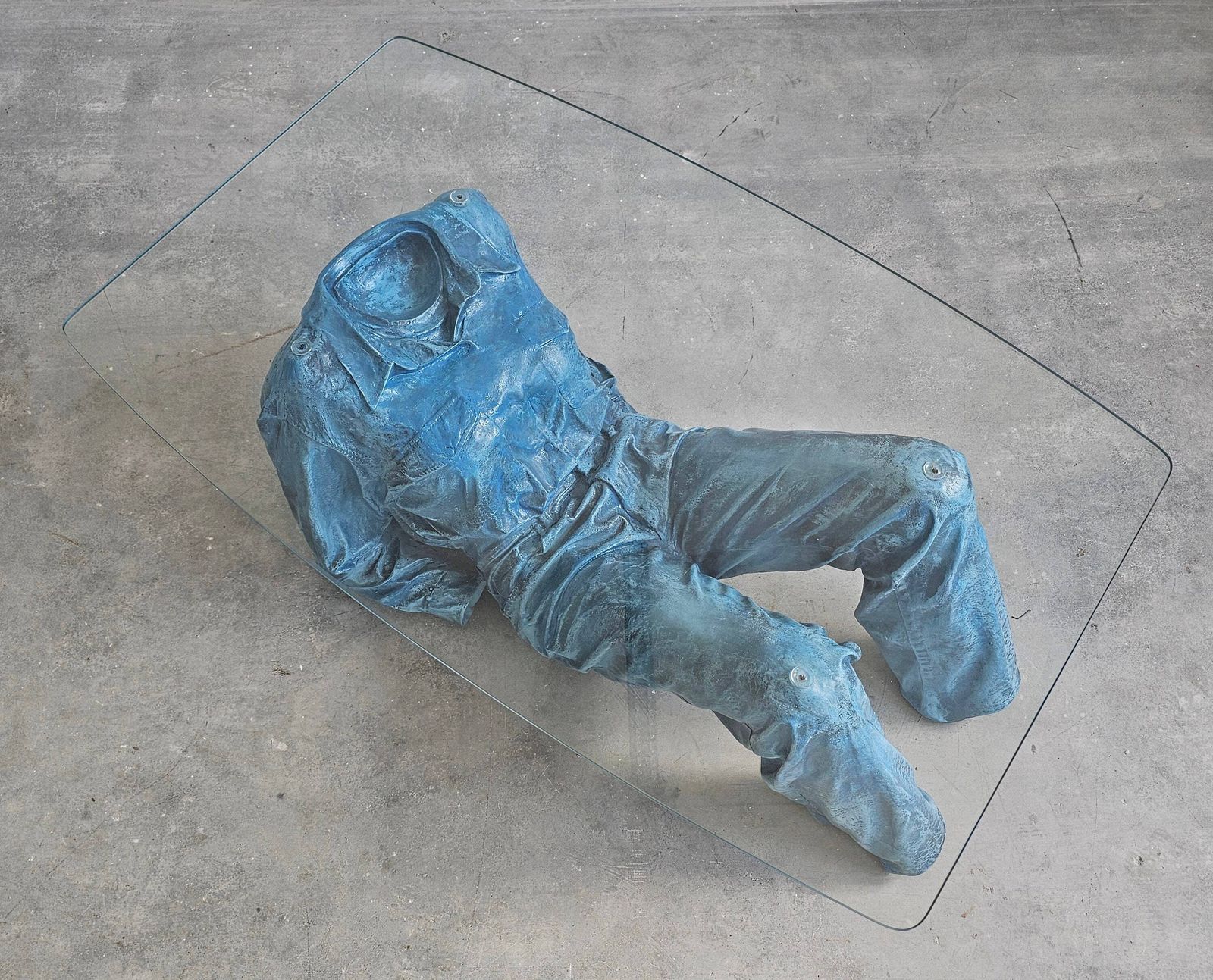 Jeanne Pierre Picheny Inspired Pop Art Blue Jeans Coffee Table, Done In Resin With The Glass Top // Made In France In 1980s photo vintage