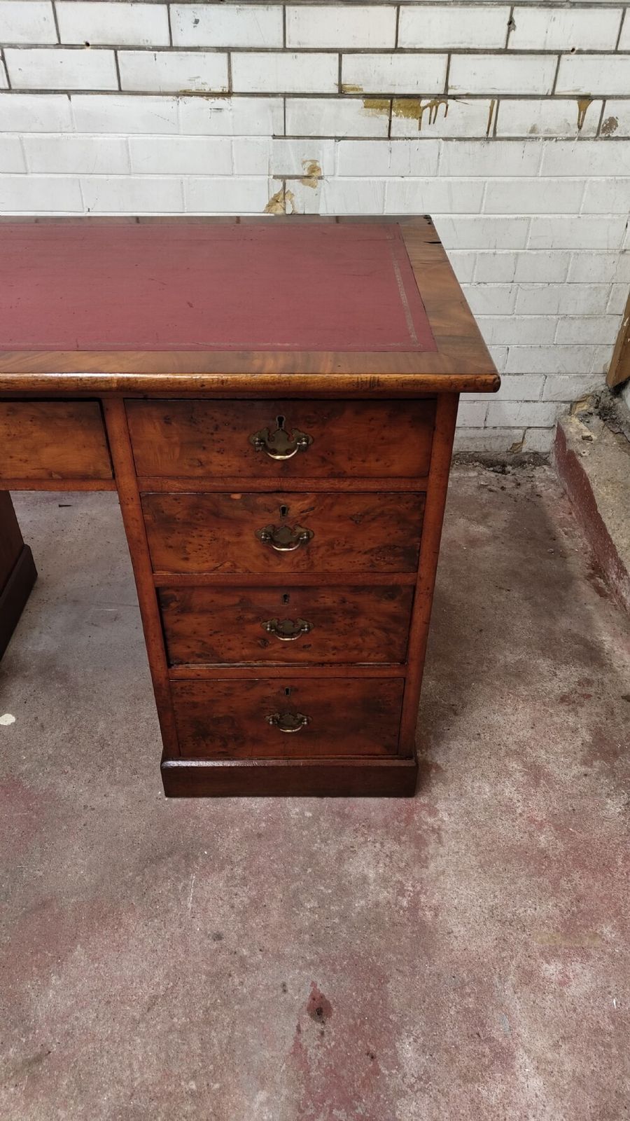 Antique Victorian Burr Walnut Leather Top Work Office Pedestal Desk photo vintage