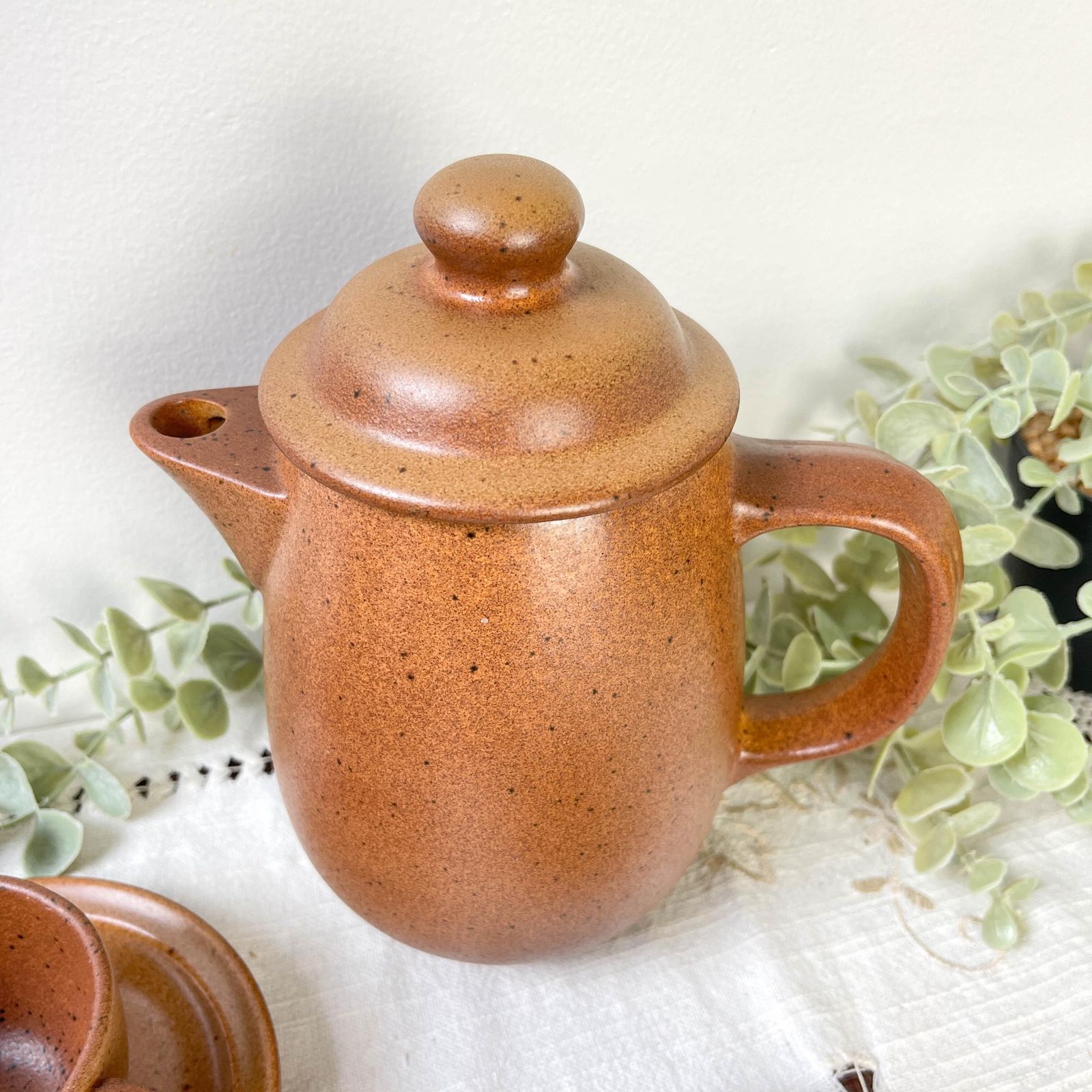 photo for sale Vintage Speckled Stoneware Coffee Set Sarreguemines France 1950s   Vintage Stoneware Coffee Cups   Vintage Stoneware Teapot