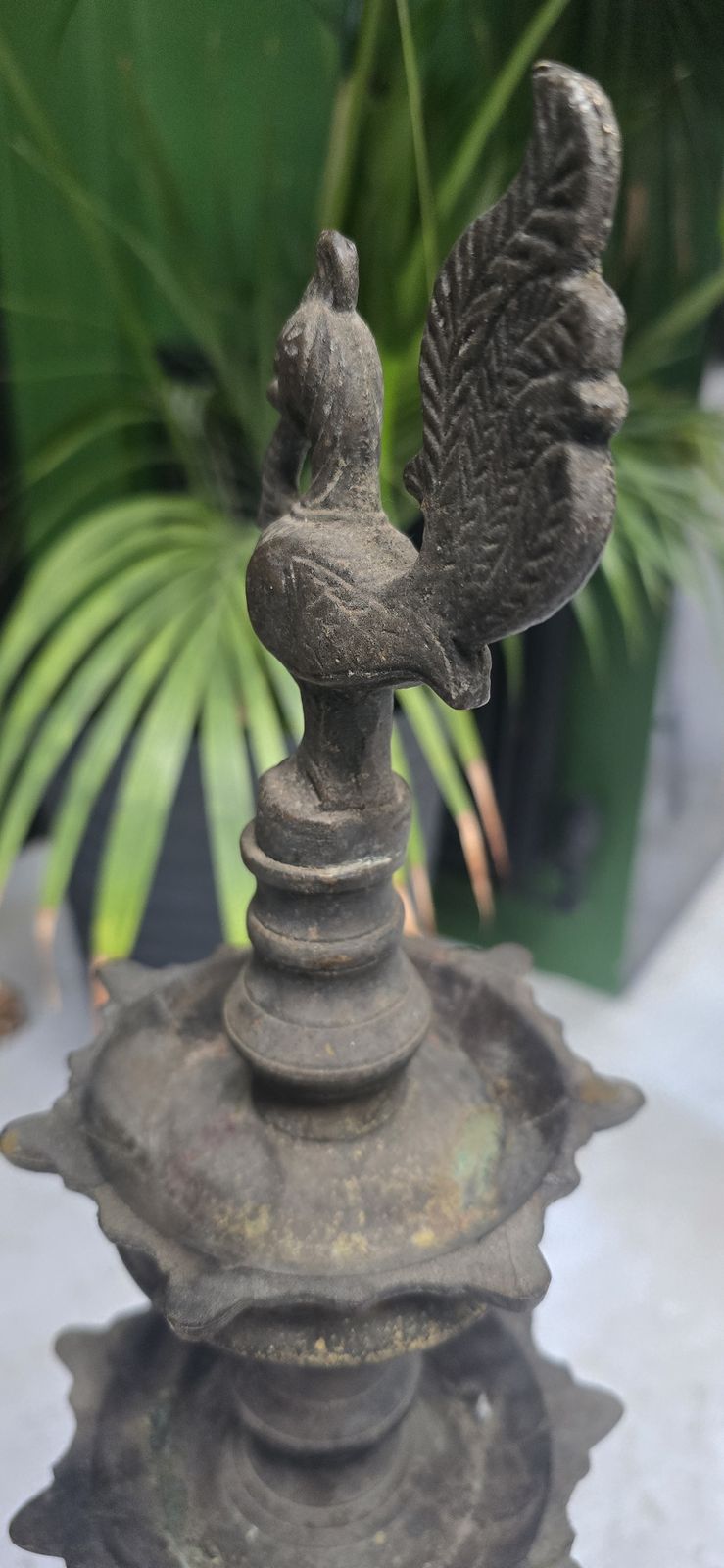 Antique Indian Handcrafted Metal Peacock Oil Lamp With Tortoise Base 19th Century photo for sale