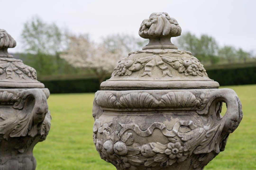 Pair Of Cast Stone Garden Urns photo for sale