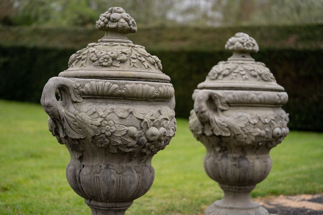Pair Of Cast Stone Garden Urns photo vintage