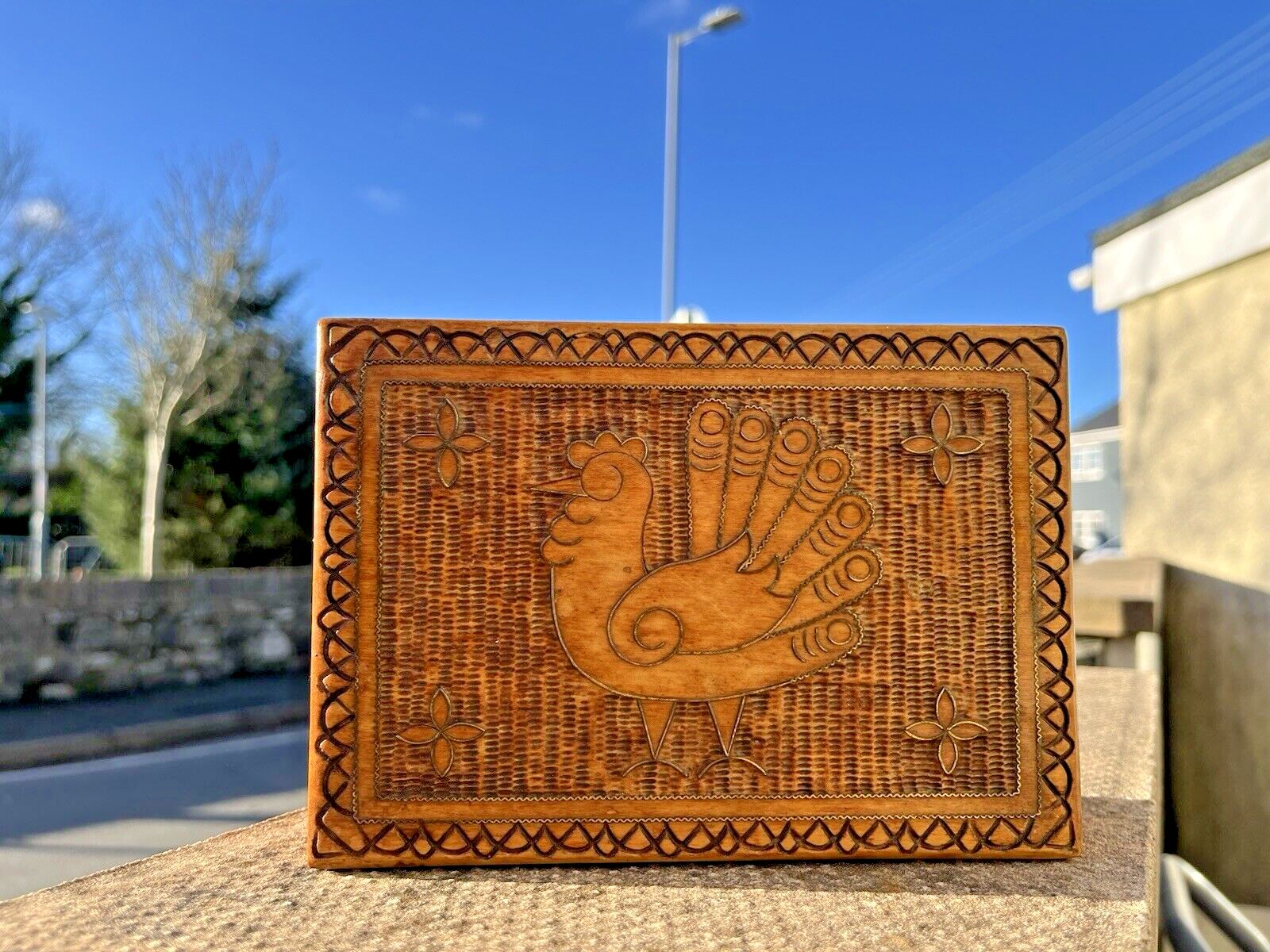Antique Hand Carved Wooden Chicken Rooster Hen Brass Inlaid Folk Art Box Scandi