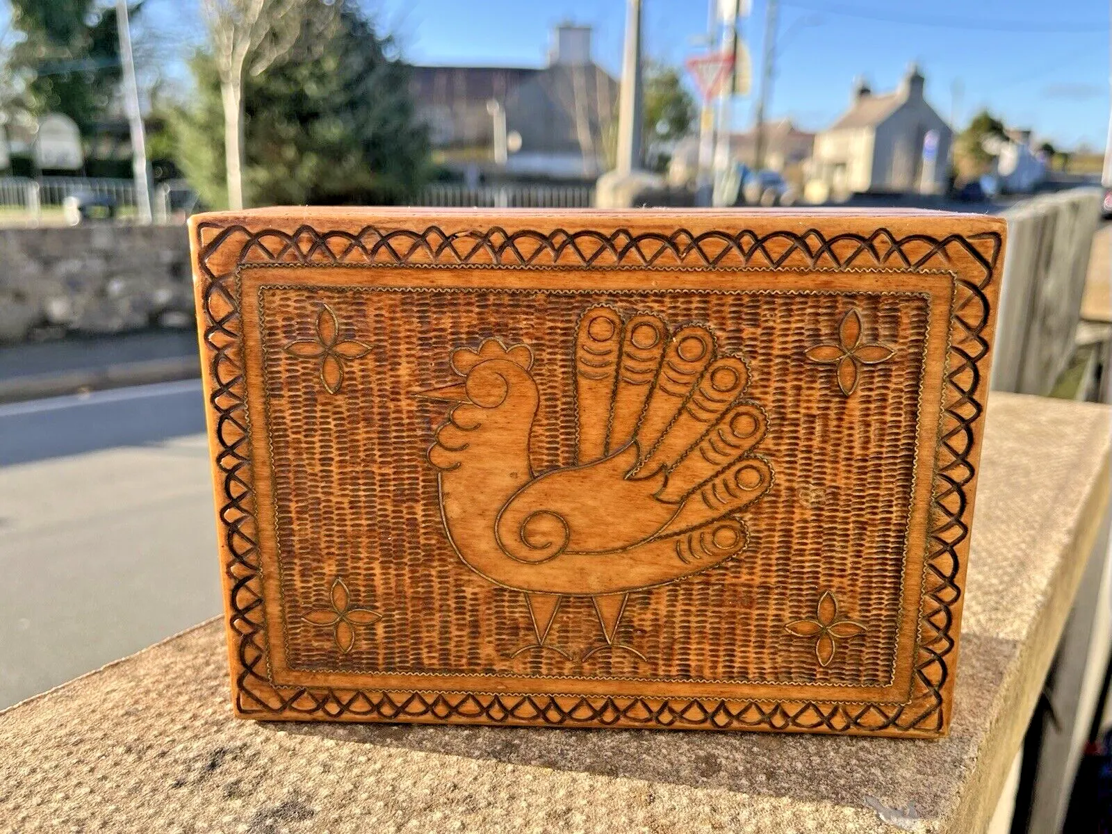 photo buy Antique Hand Carved Wooden Chicken Rooster Hen Brass Inlaid Folk Art Box Scandi