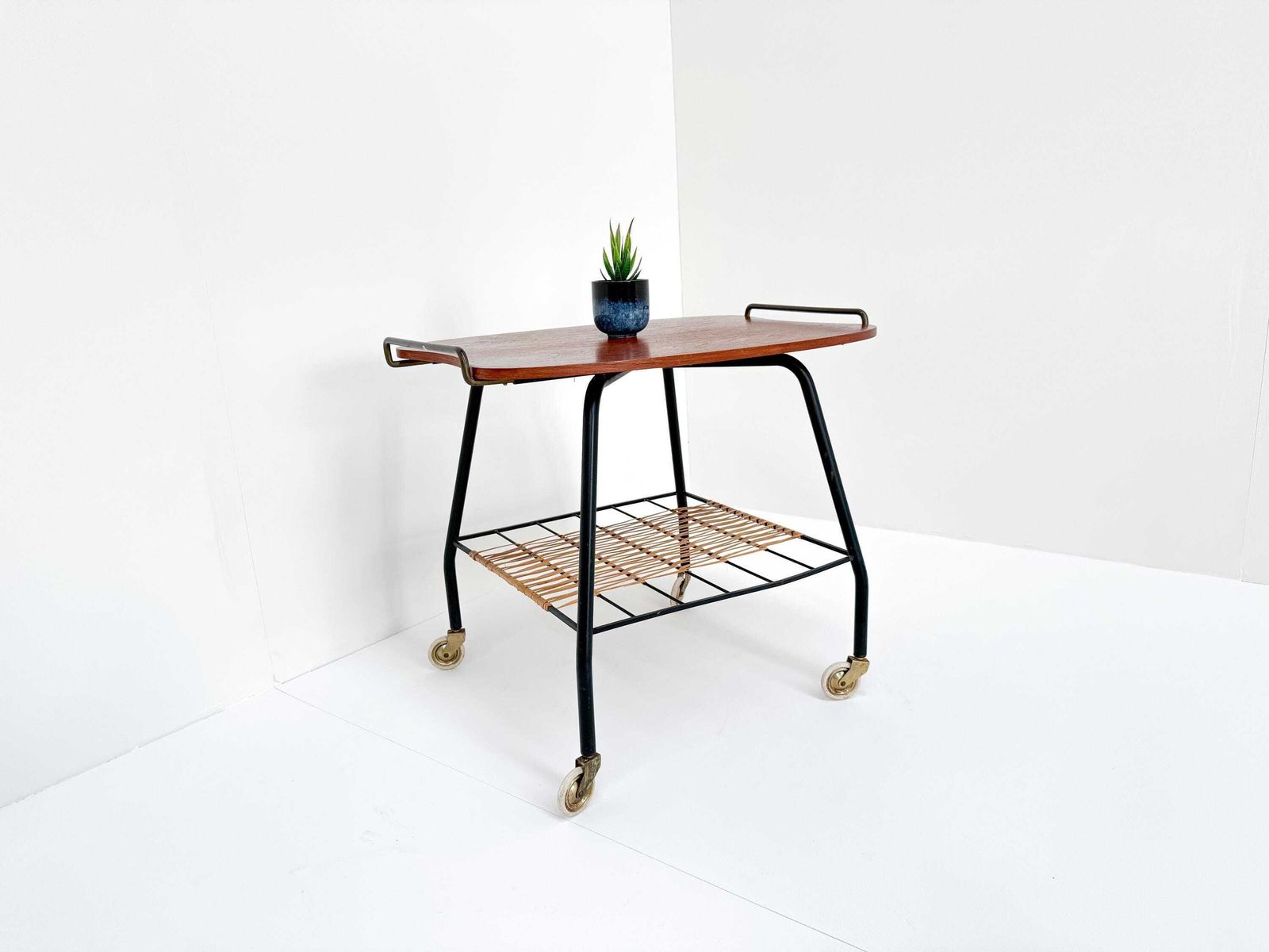 Danish Vintage Serving Cart / Tea Trolley From The 1950s – Teak, Brass & Rattan