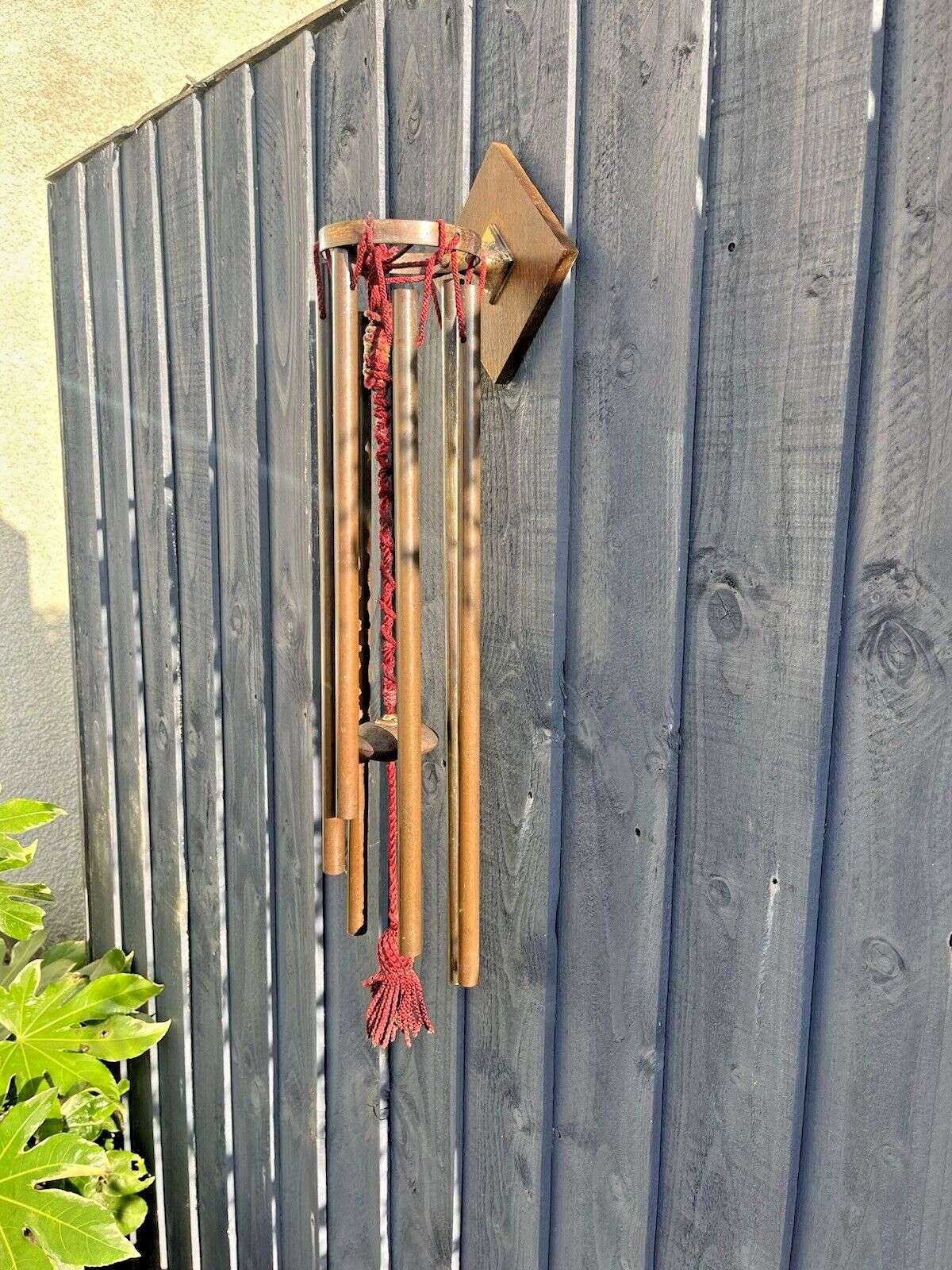 Antique 1920's Wooden Oak Copper Pipe Wind Chime Bell Ringer Alpine Rustic Farm