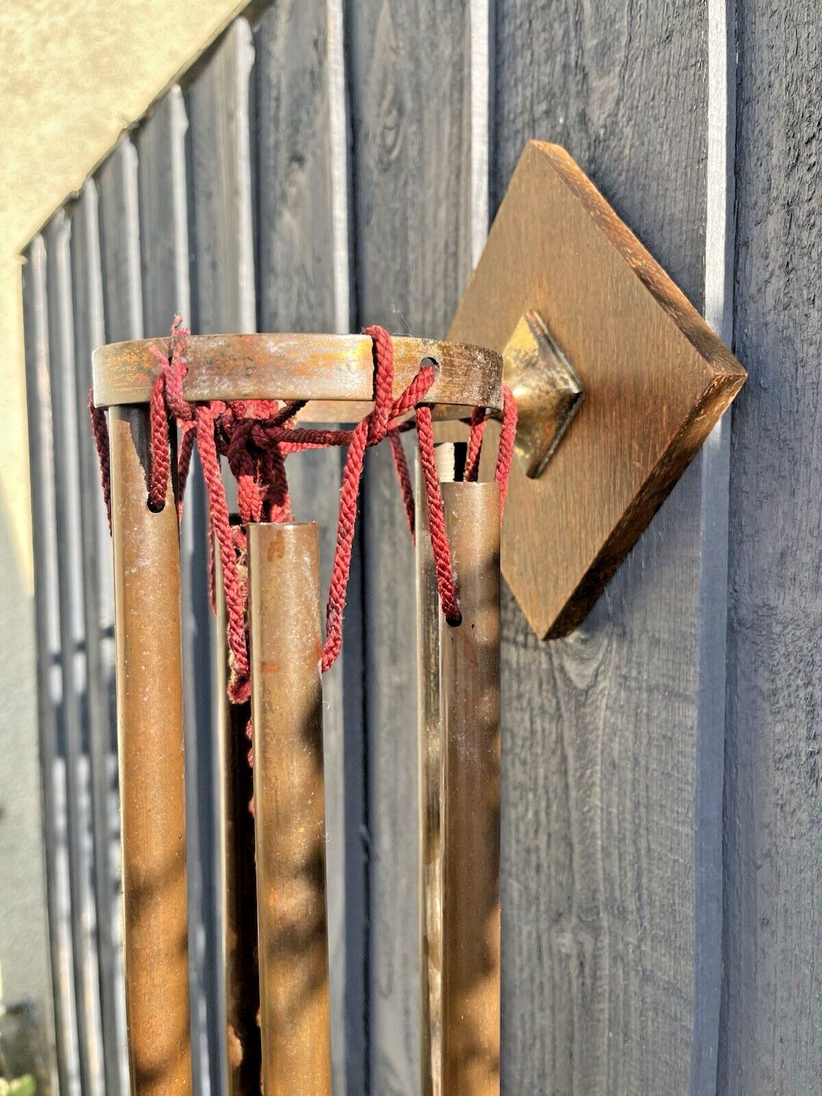 Antique 1920's Wooden Oak Copper Pipe Wind Chime Bell Ringer Alpine Rustic Farm photo buy