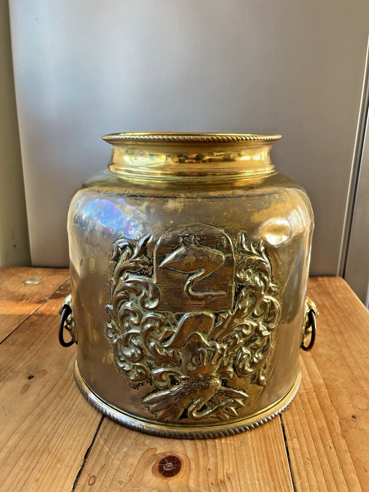 275.0 Large Antique Brass Swan Knight Armorial Planter Jardiniere Champagne Ice Bucket photo