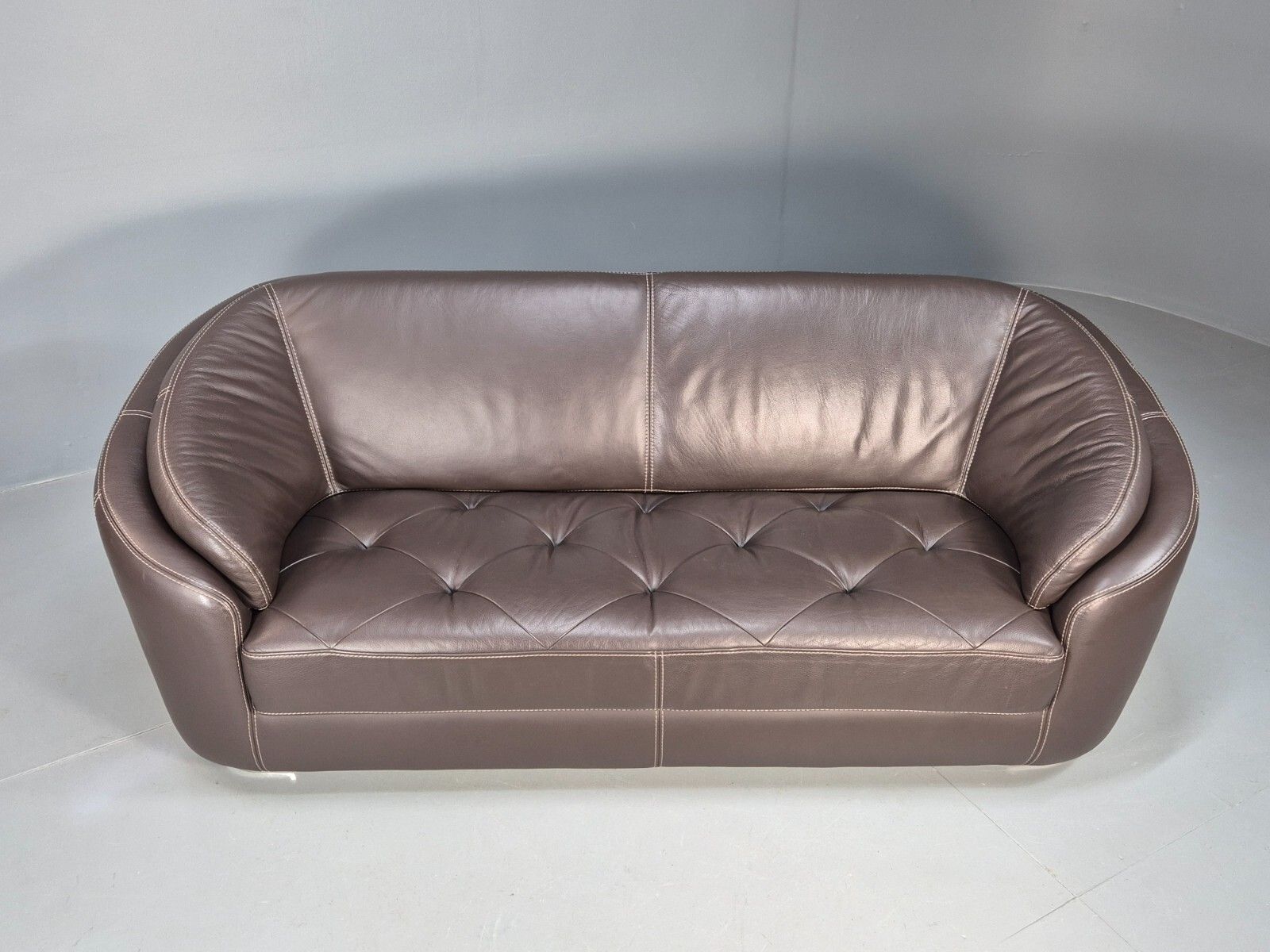 Vintage Italian 3 Seat Sofa Brown Leather Curved Shape Retro Mcm Eb8544 M3ss photo furniture