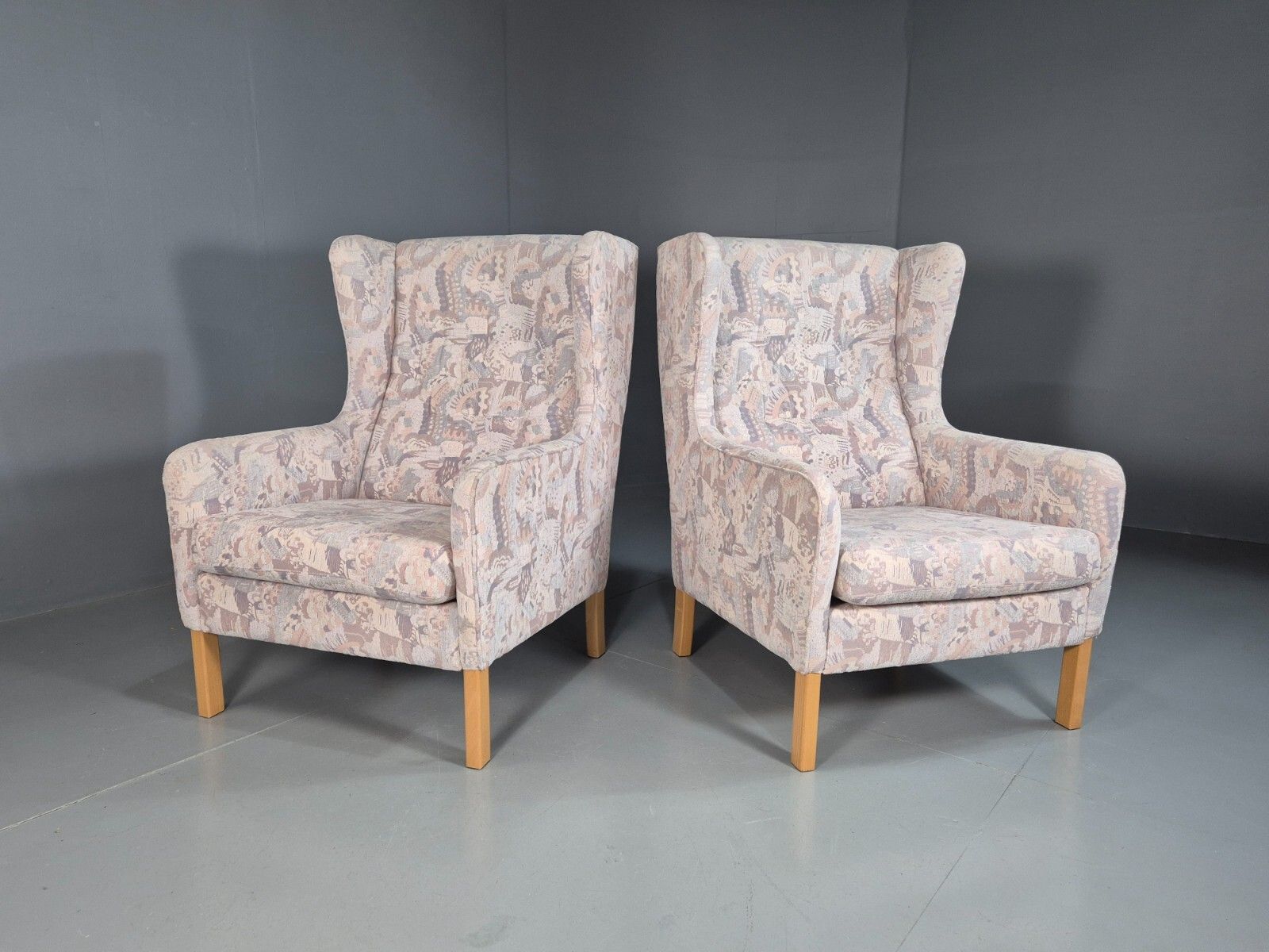 2 Vintage Danish Wing Back Lounge Chairs Cotton 1980s Fabric Retro Eb8289 Mnor