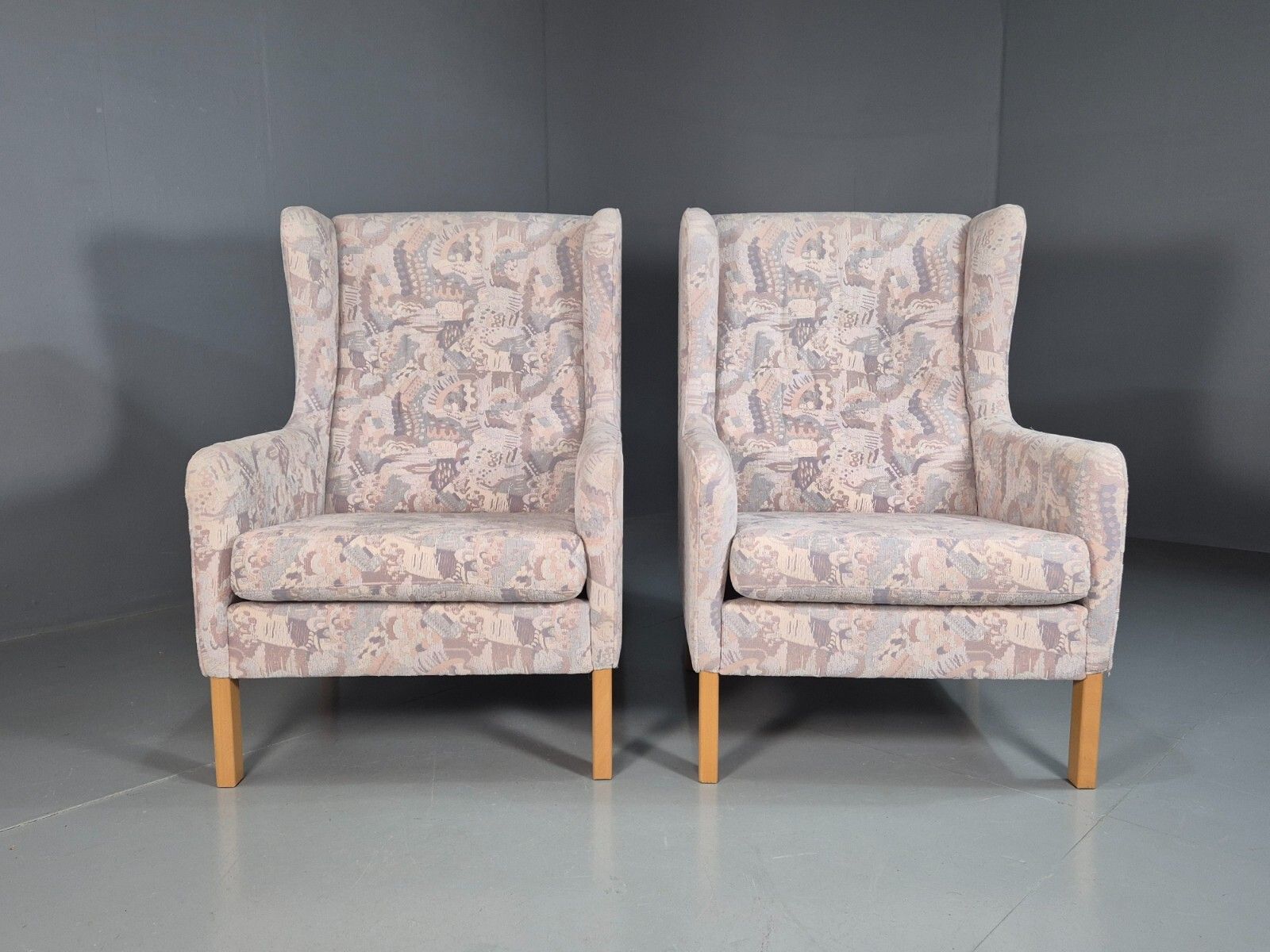 2 Vintage Danish Wing Back Lounge Chairs Cotton 1980s Fabric Retro Eb8289 Mnor photo for sale