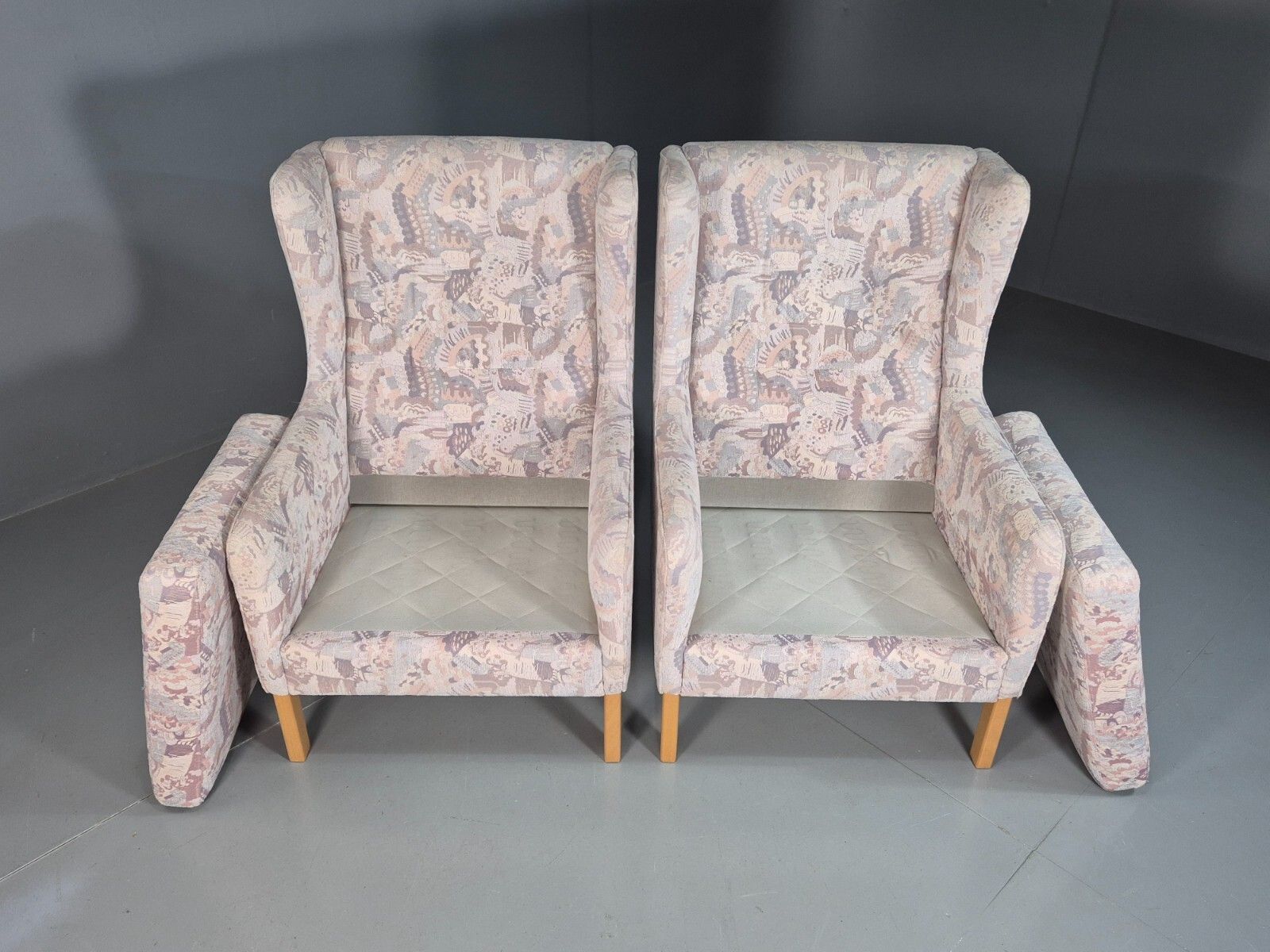 photo furniture 2 Vintage Danish Wing Back Lounge Chairs Cotton 1980s Fabric Retro Eb8289 Mnor