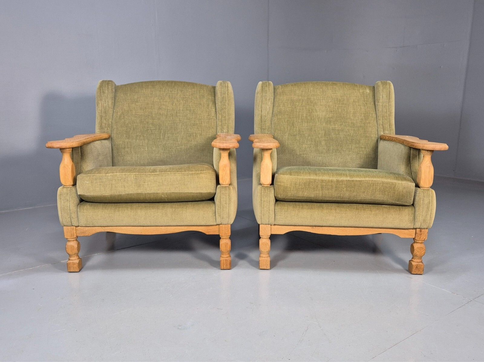 2 Vintage Danish Lounge Chairs Green Oak Frame Kjearnulf Retro 1970s Eb8279 Mnor photo for sale