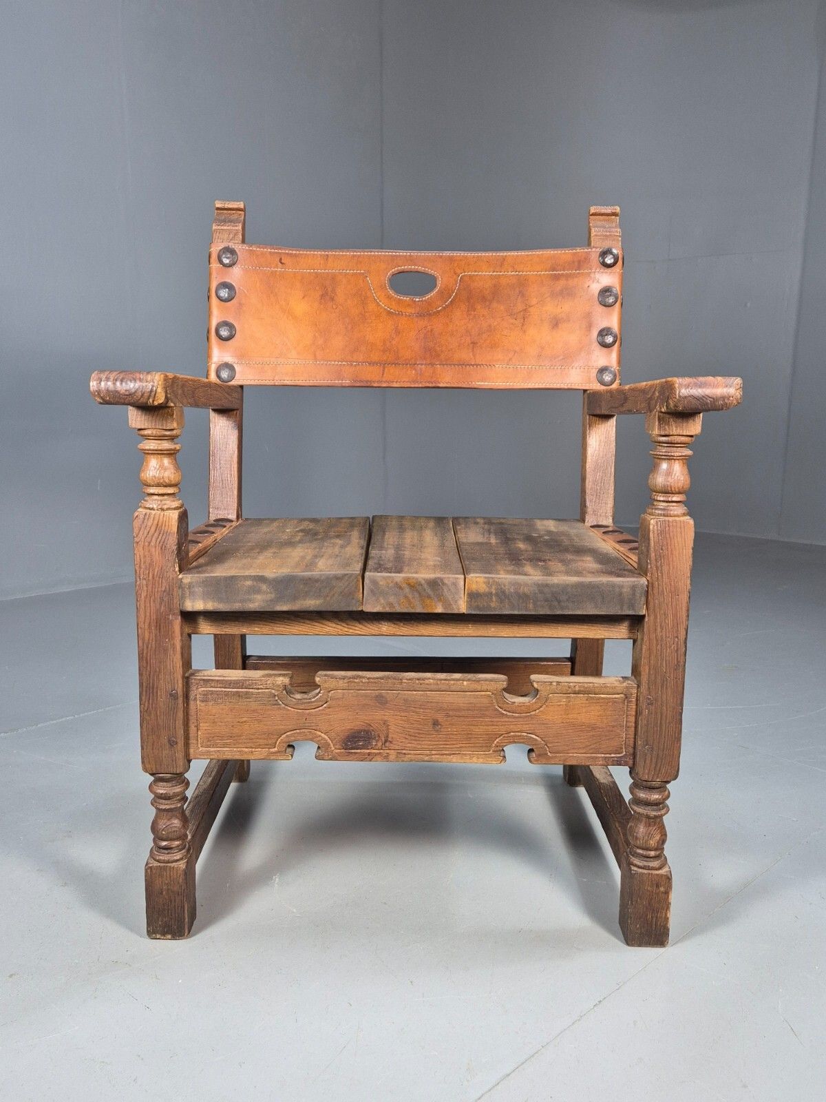 Vintage Lounge Chair Leather Carved Wood Spanish Style Antique Eb8175 Vcar photo furniture